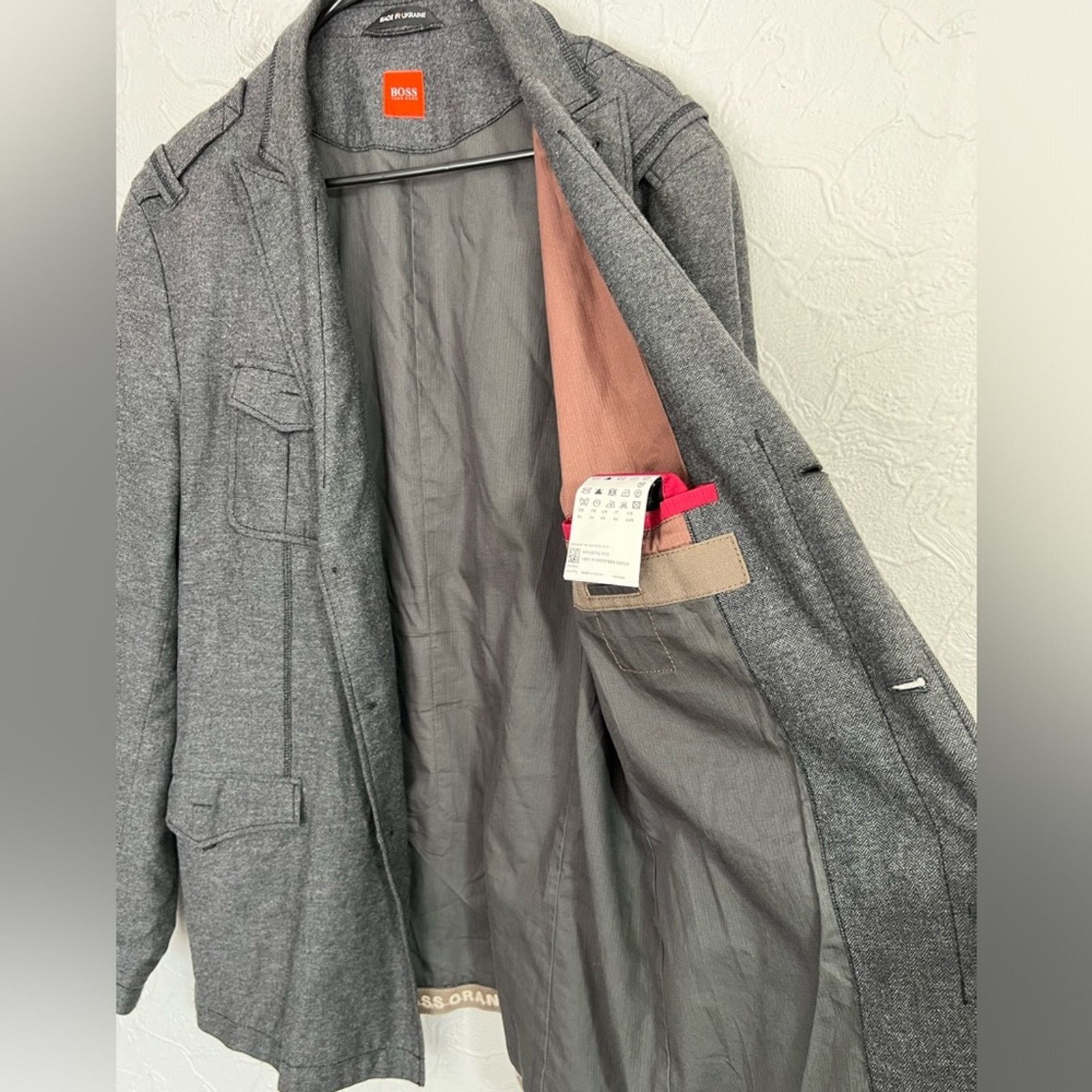 Hugo Boss 44R Hugo Boss Orange Men’s Jacket Gray Wool Blend Military Size 44R - 9 Thumbnail