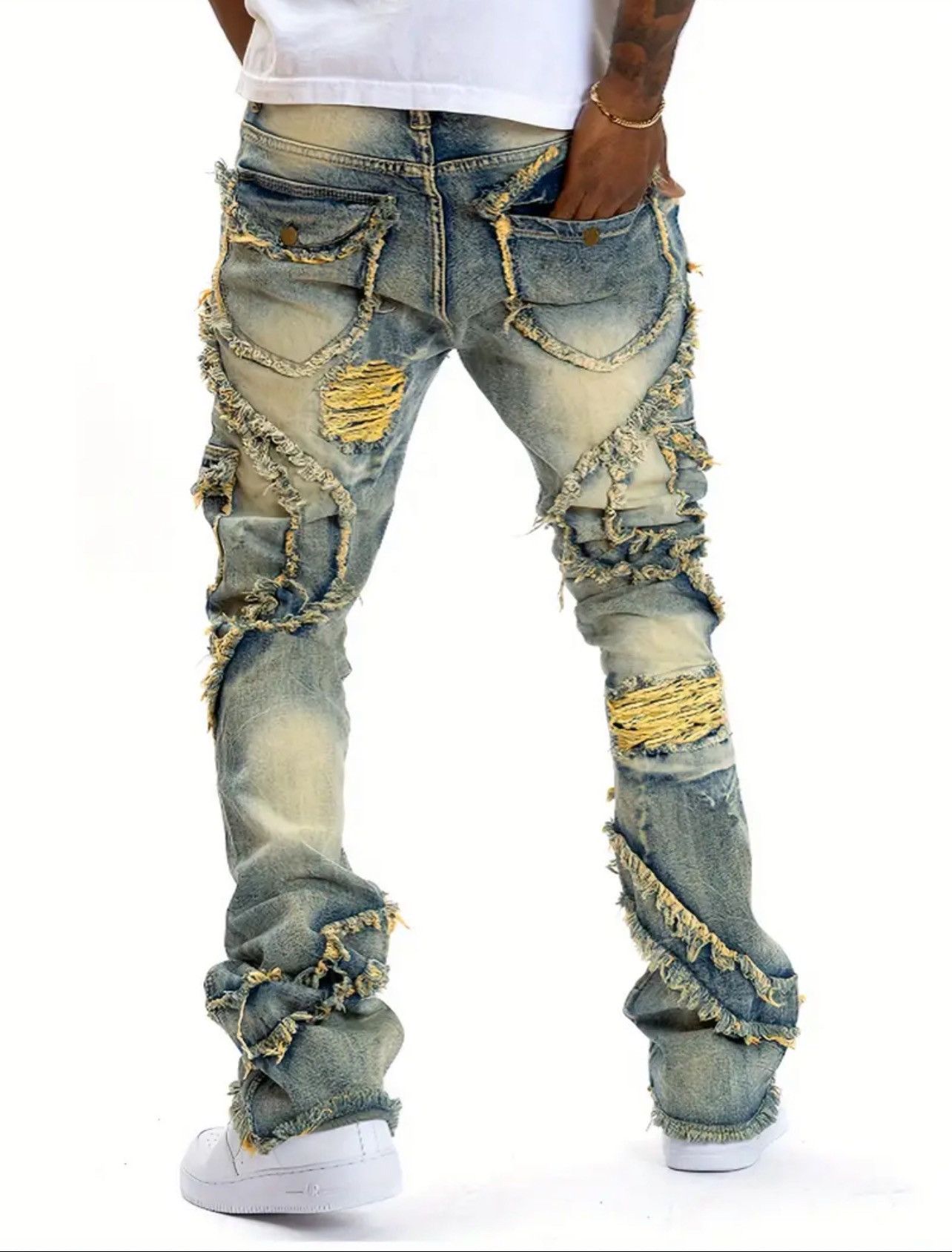 Other × Vintage Men flare leg stretch jeans cotton blend distressed denim Size US 44 / EU 60 - 2 Thumbnail