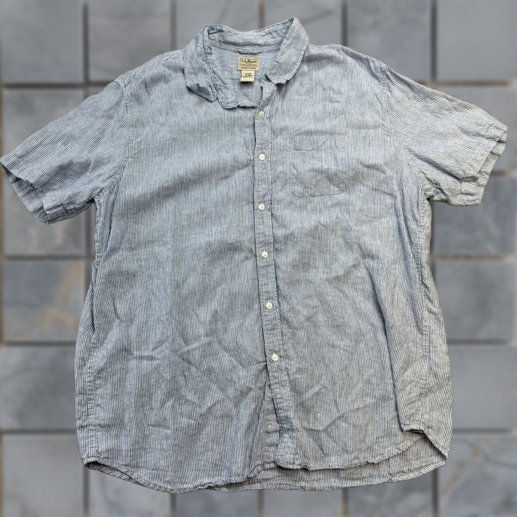 Vintage L.L. Bean Shirt Men 2XL Blue Striped Linen Button-Down Casual Preppy Beach Coastal Shirt Size US XXL / EU 58 / 5 - 1 Thumbnail