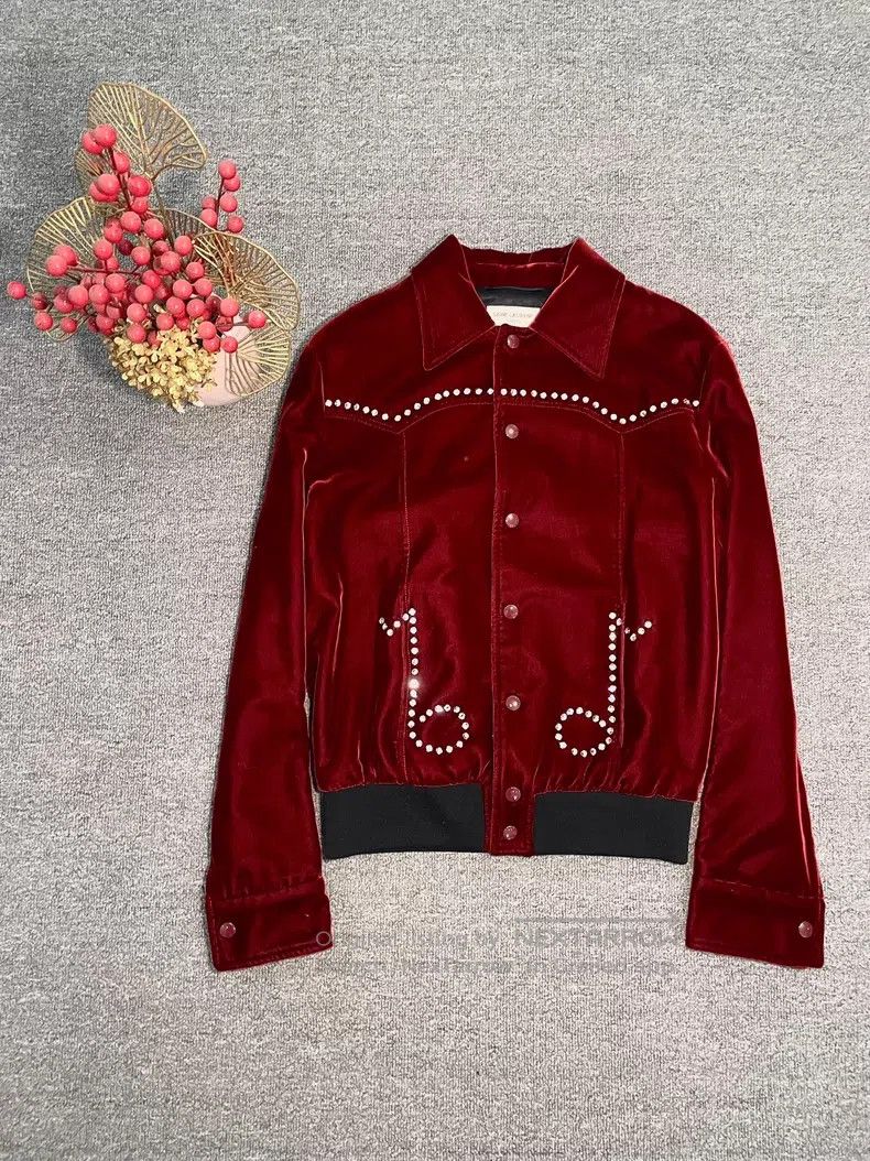 Saint Laurent Paris Saint Laurent Paris Red Velvet Beaded Music Note Jacket Size US XS / EU 42 / 0 - 2 Thumbnail