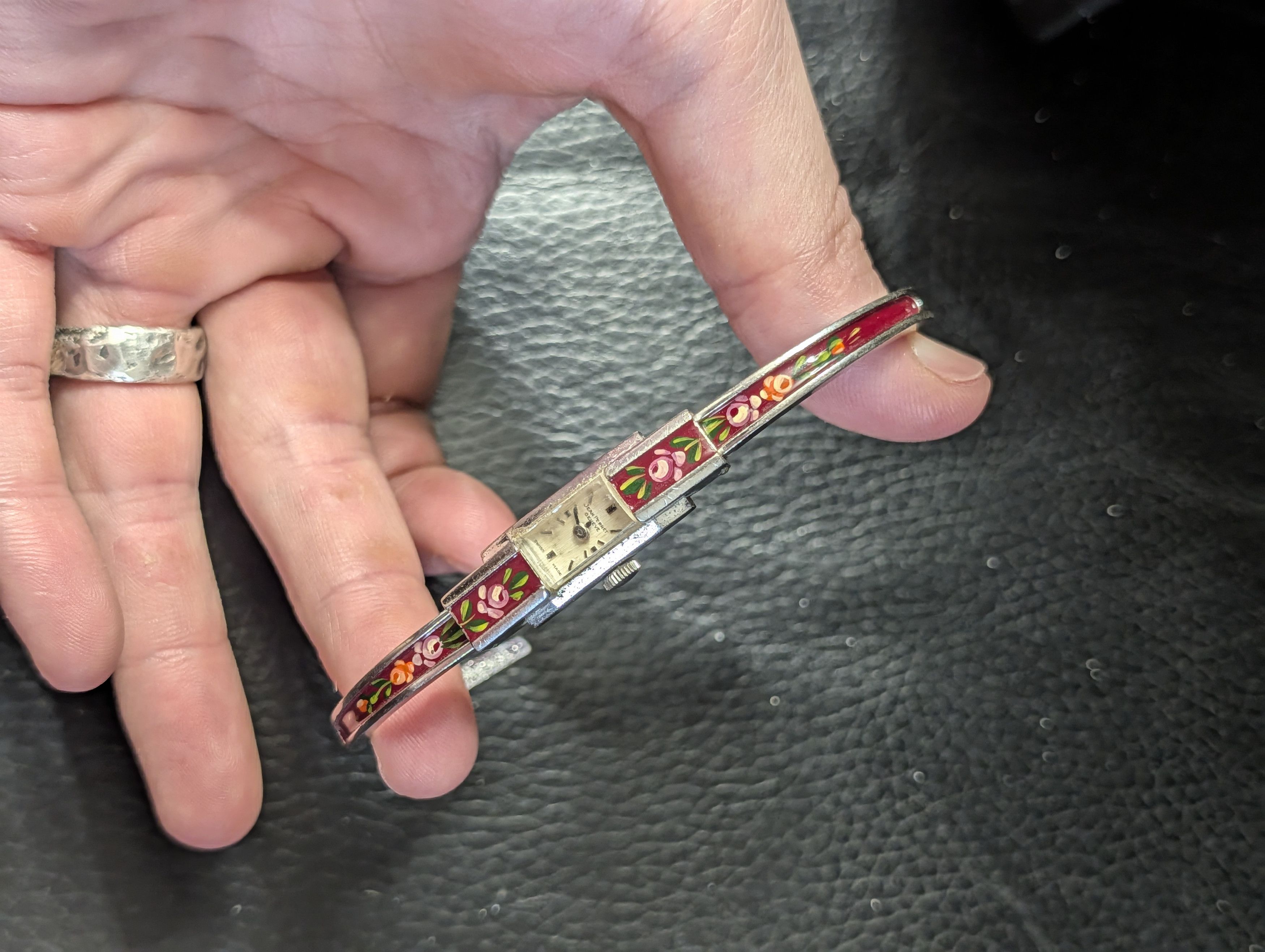 Vintage JEAN PERRET Enamel bangle bracelet floral wrist watch Size ONE SIZE - 12 Thumbnail