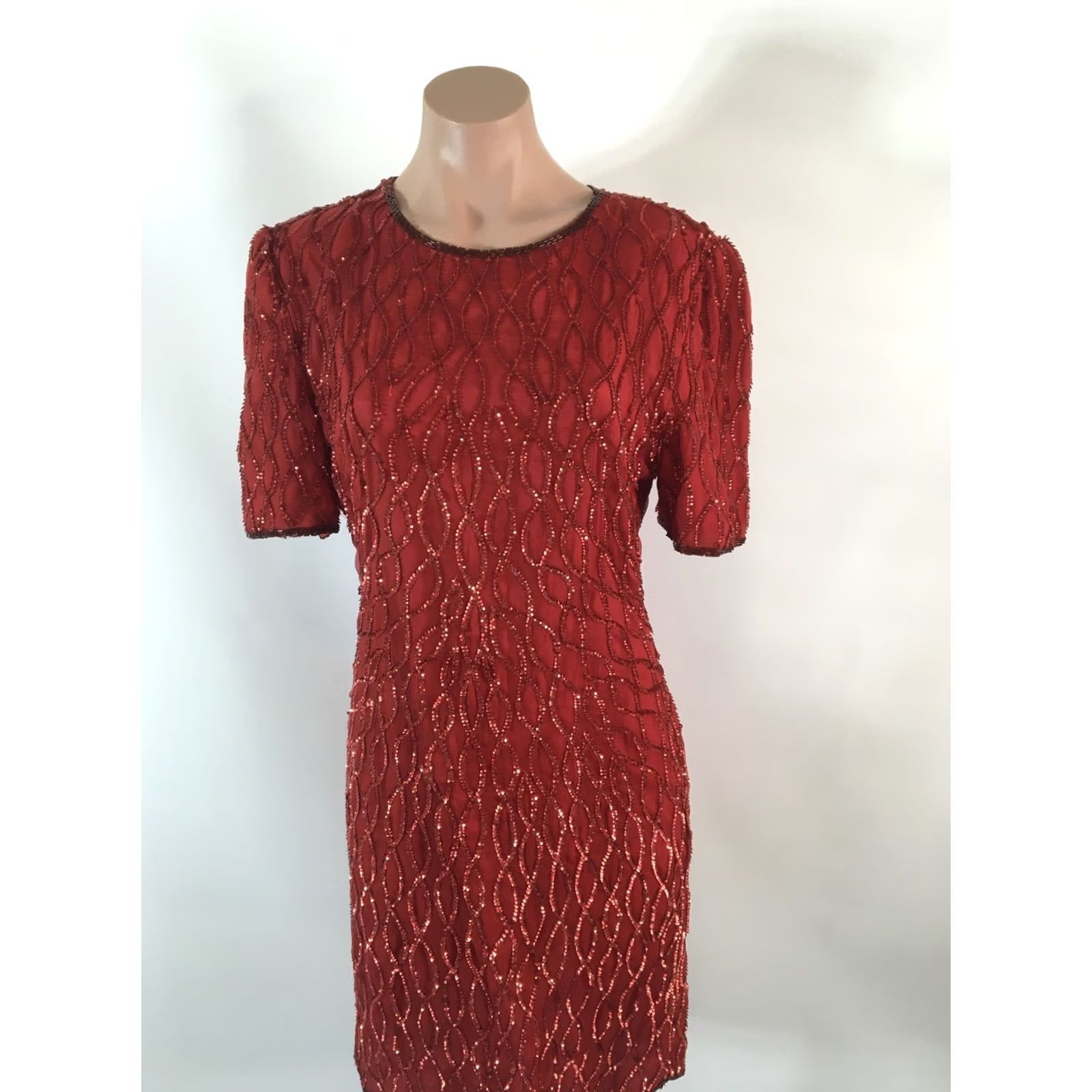 Vintage Laurence Kazar Red Sequined Silk Mini Petite Dress Beaded Trim Cocktail Party L Size L / US 10 / IT 46 - 3 Thumbnail