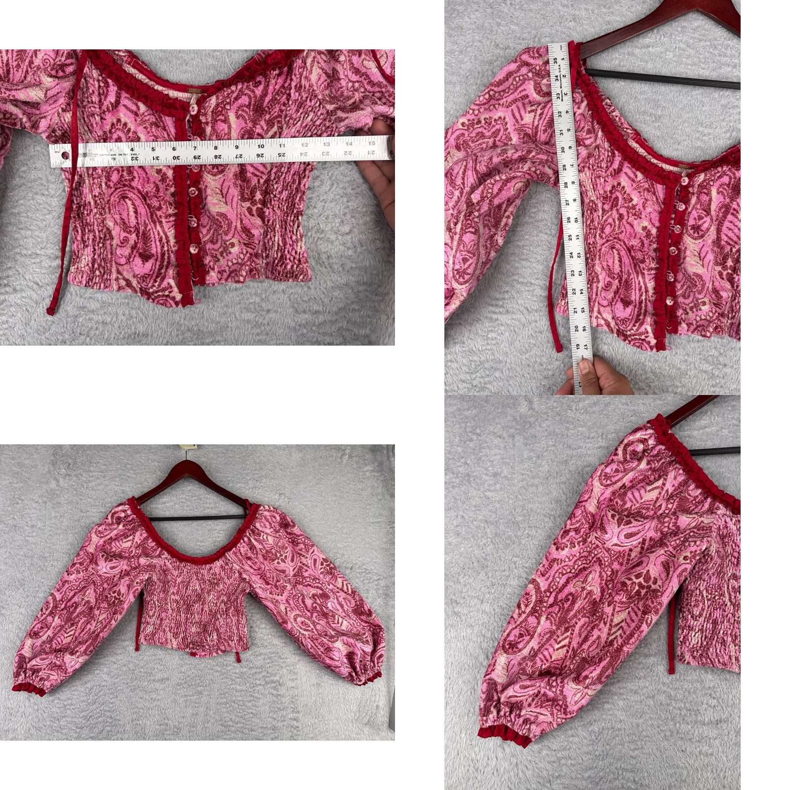Free People Free People Blouse Shirt Womens S Pink Velvet Cropped Balloon Sleeve Square Neck Paisley 70s Bohemian College Fairy Hippie Peasant Collarless Ladies Size S / US 4 / IT 40 - 8 Thumbnail