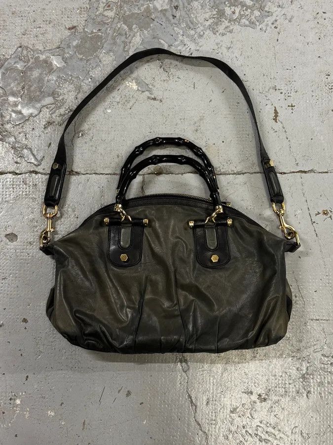 Gucci 2000s Gucci Dark Green & Black Eroded Bamboo Handle Bag Size ONE SIZE - 1 Thumbnail