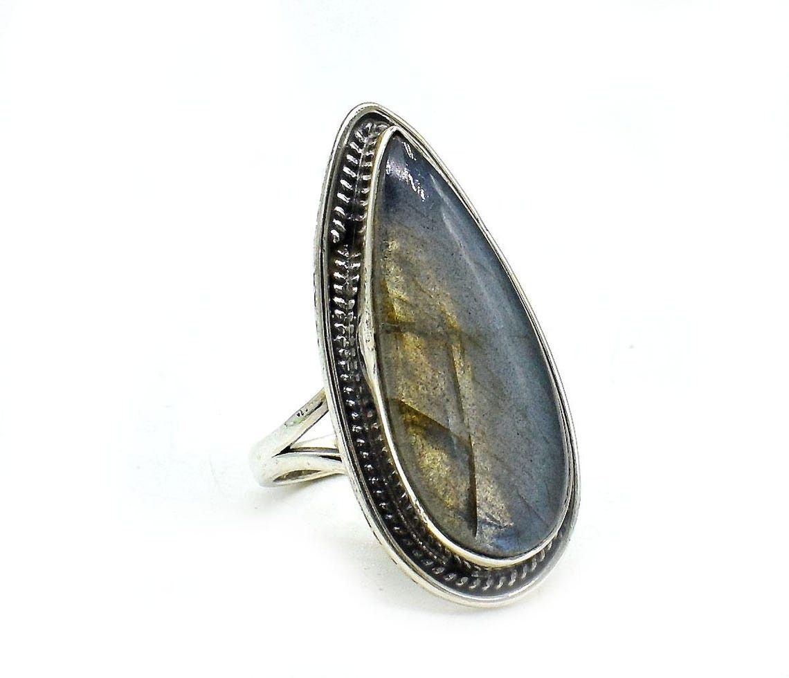 Handmade Pear Labradorite 925 Sterling Silver Boho Bridal Ring Size ONE SIZE - 2 Thumbnail