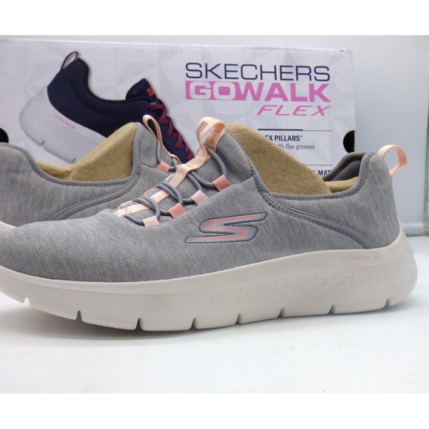 Skechers Womens Go Walk Flex Lucy Walking Shoes, Gray/Pink,