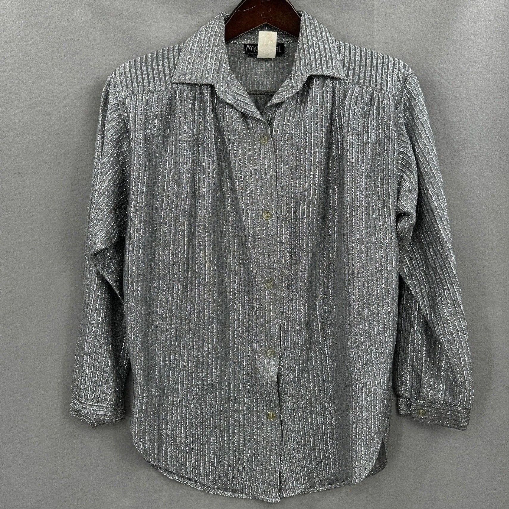 Vintage VTG My Kinda Gal Blouse Women XS Metallic Phoenix Arizona USA Cottagecore Button Shirt Women XS Silver 1970s Disco Size XS / US 0-2 / IT 36-38 - 2 Thumbnail