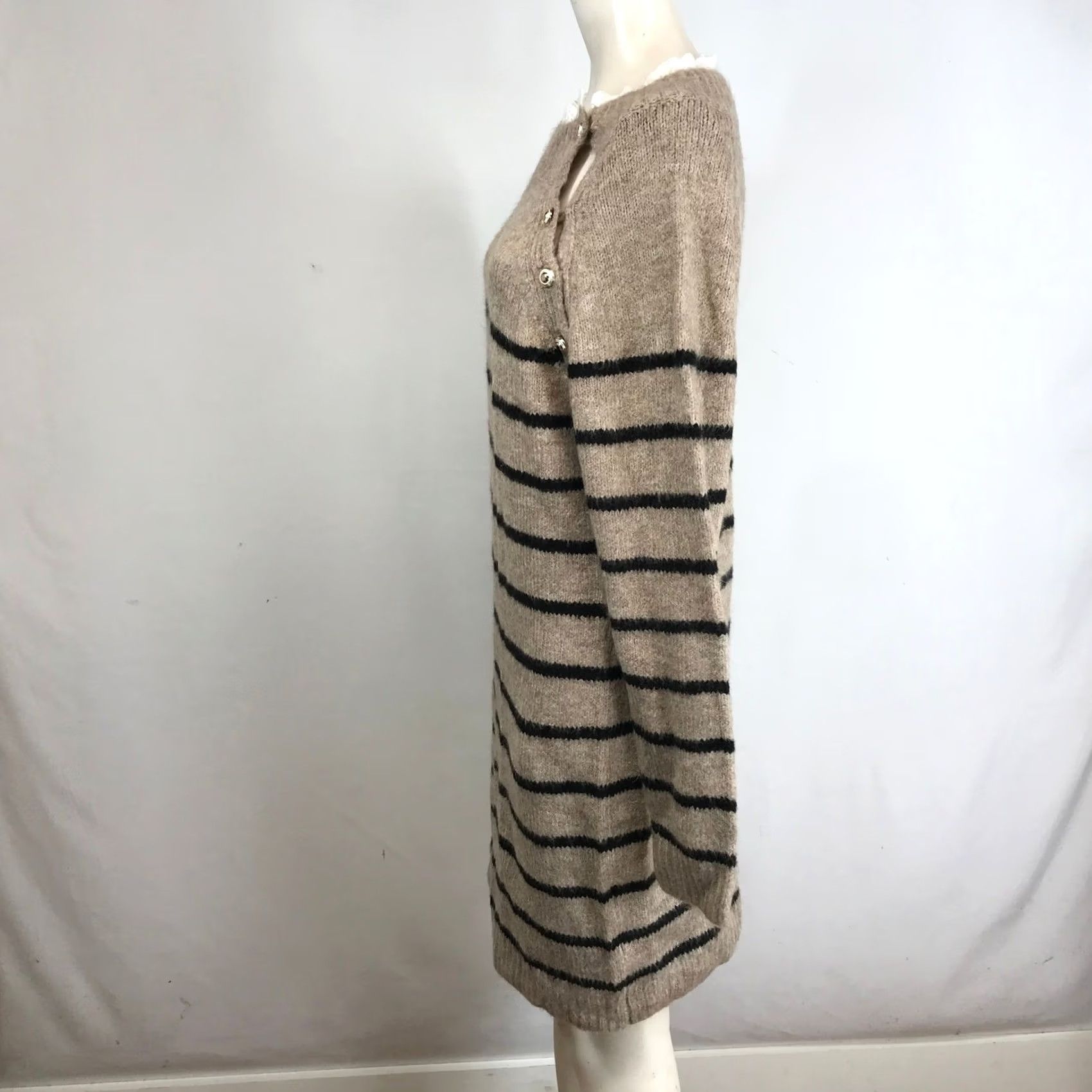 Vintage Striped Sweater Dress Women Casual Warm Tan Black SZ XL Long Sleeve Round Neck Knit Pullover Button Accents Bohemian Oversized Fall Winter Size XL / US 12-14 / IT 48-50 - 6 Thumbnail