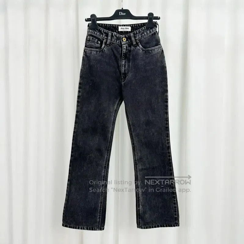 Miu Miu Black Gray Embroidered Cotton Jeans .