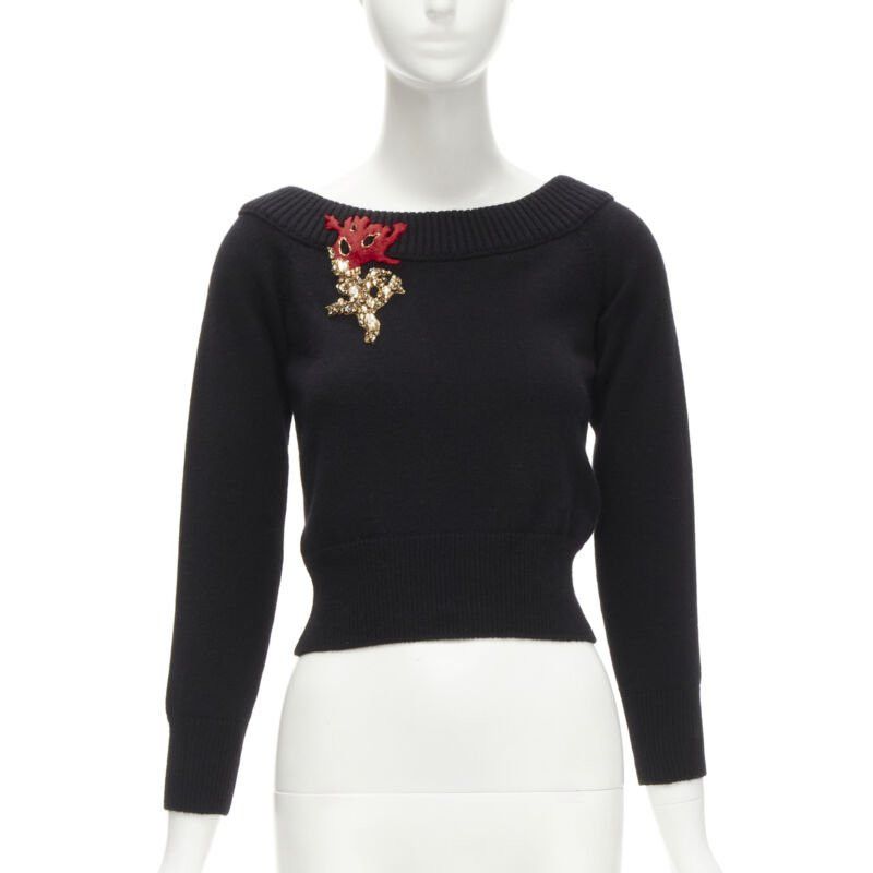 Alexander McQueen new ALEXANDER MCQUEEN 2021 cashmere black coral crystal embroidery sweater S Size S / US 4 / IT 40 - 1 Thumbnail