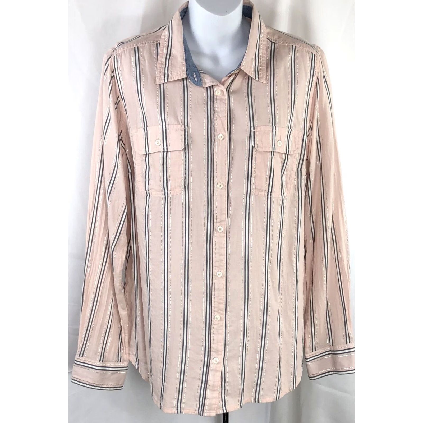 Vintage St. John's Bay Top L Pink Metallic Stripe Button-Up Collared Shirt Womens Vintage Y2K Office Work Shirt Size L / US 10 / IT 46 - 5 Thumbnail