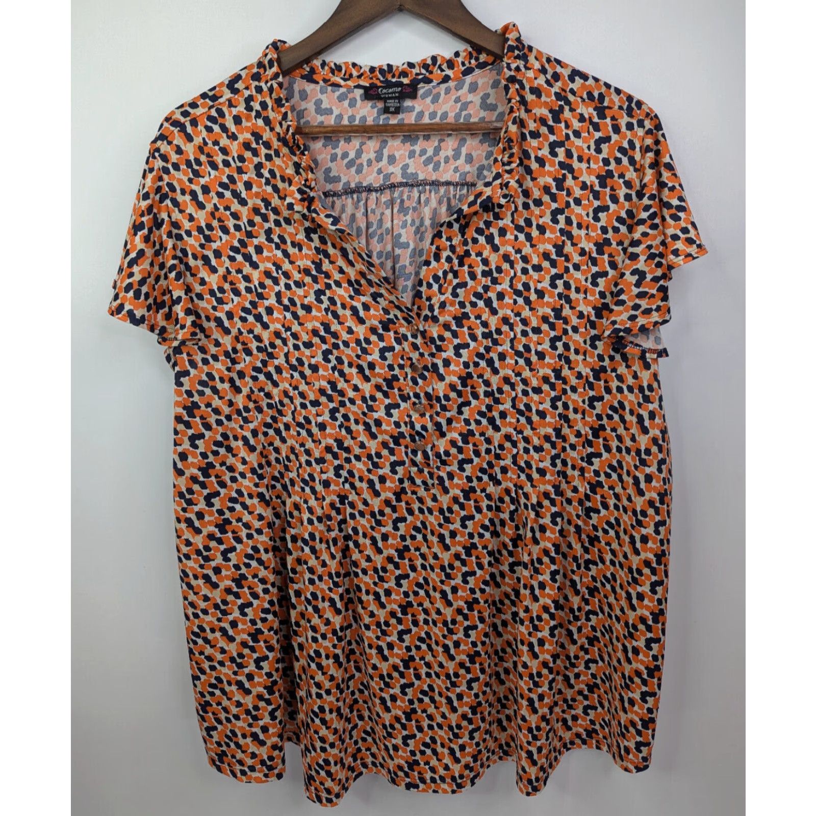 Vintage Cocomo 3X Orange Sleeveless Tank Top V-Neck Henley Shirt/Blouse - Plus Size Women - Dots Floral Tunic Casual Size XXL / US 16-18 / IT 52-54 - 2 Thumbnail