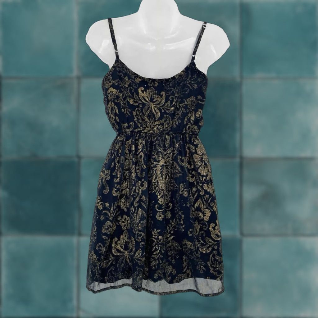 Abercrombie & Fitch Abercrombie & Fitch Women's Sundress Mini Spaghetti Strap Navy Gold Floral Size S XS-00? Size S / US 4 / IT 40 - 1 Thumbnail
