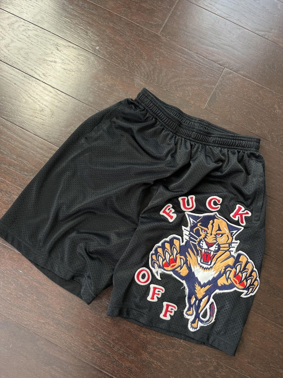Pre-owned Supreme X Vintage 2000s Fuck Off Panthers Embroidered Mesh Shorts In Black