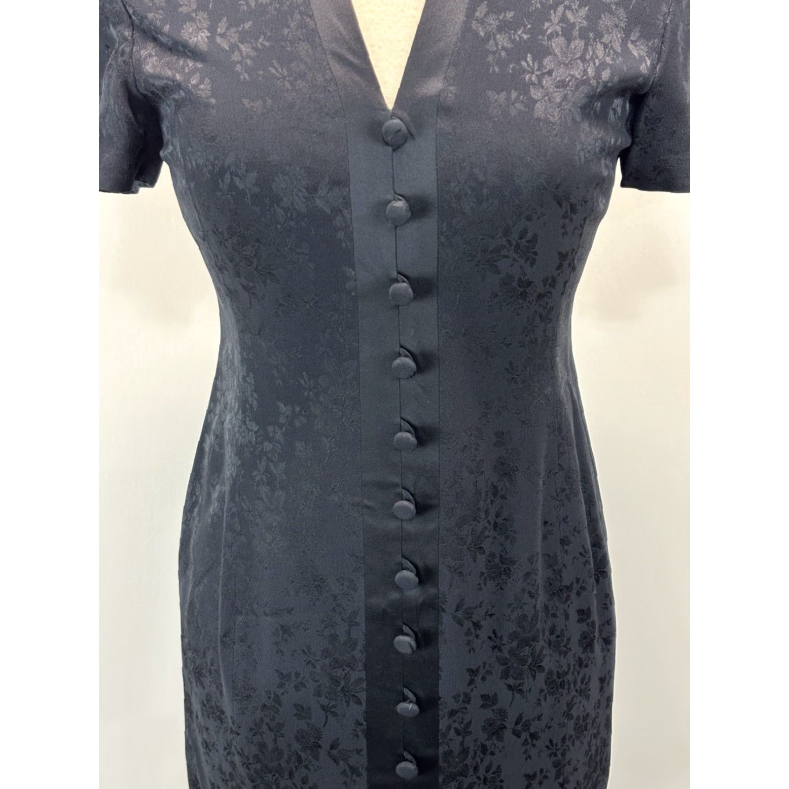 Dana Buchman Dress Maxi Women's Dark Navy Floral Jacquard Fitted Asian Sz 4  Long V-Neck