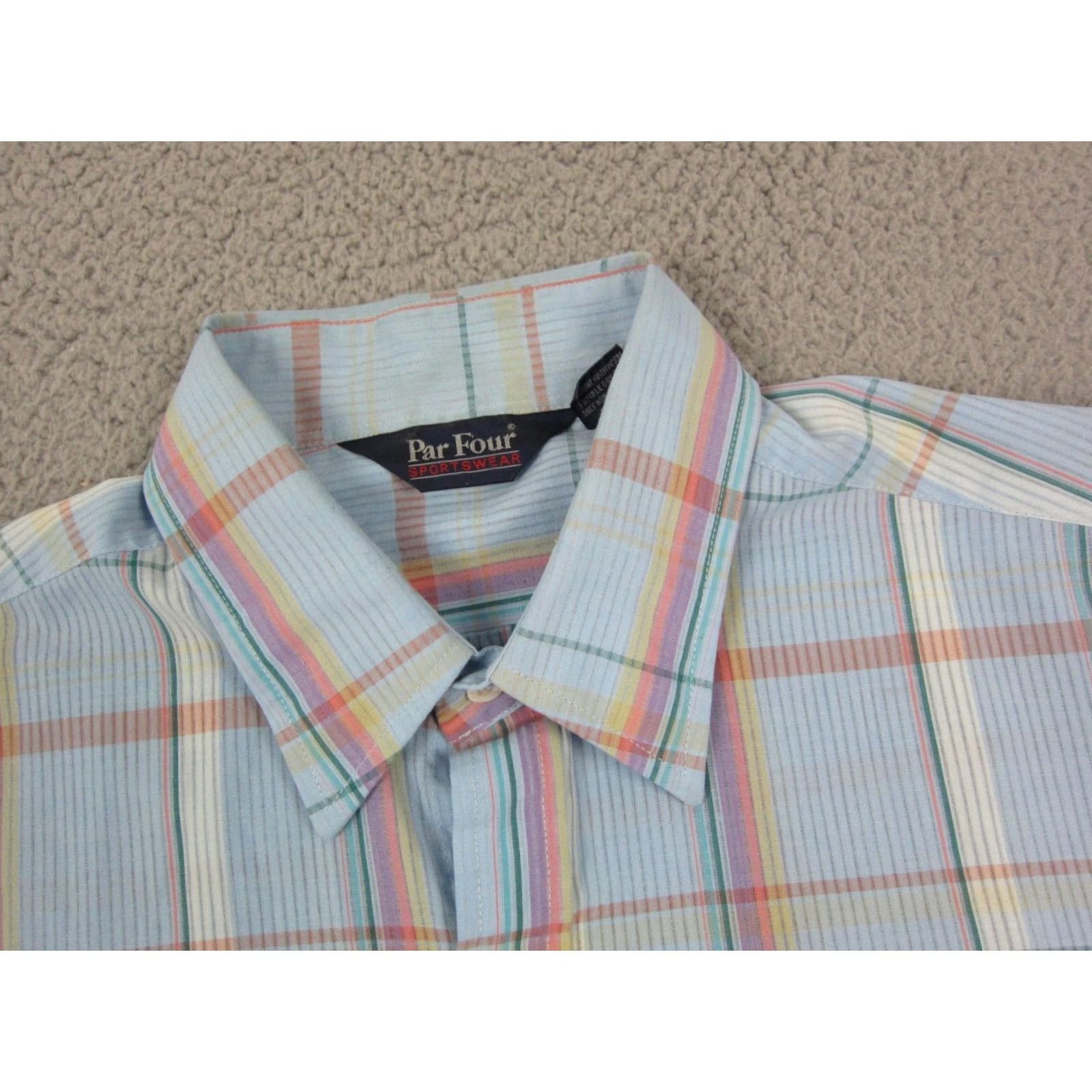 Vintage VINTAGE Par Four Shirt Mens 90s Plaid Blue Pink Purple Cotton Polyester Short Sleeve Button-Up Collared L Regular Size Blue Mens 90s Classic Retro Size US L / EU 52-54 / 3 - 3 Thumbnail