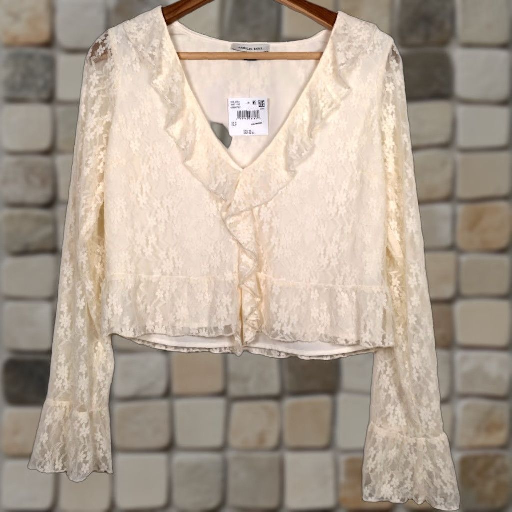 American Eagle Outfitters VINTAGE American Eagle Fairy Crop Blouse Women Small Lace Ruffled Floral Sheer Bell Sleeve Vintage Renaissance Spring Summer Fall Size S / US 4 / IT 40 - 1 Thumbnail