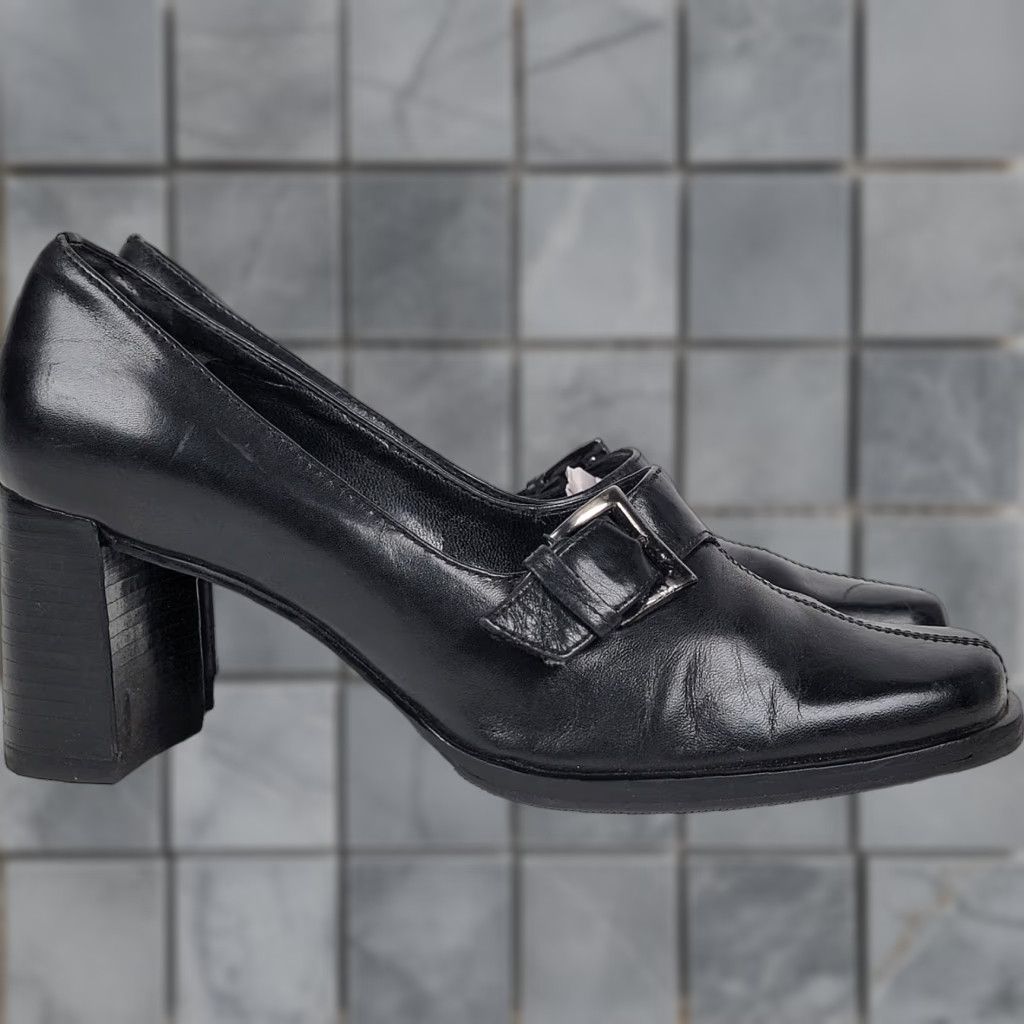 Franco Sarto Franco Sarto Black Leather Pumps w/ Silver Buckle, Block Heel Women's 6M Shoes Pump Size US 4 / IT 34 - 1 Thumbnail