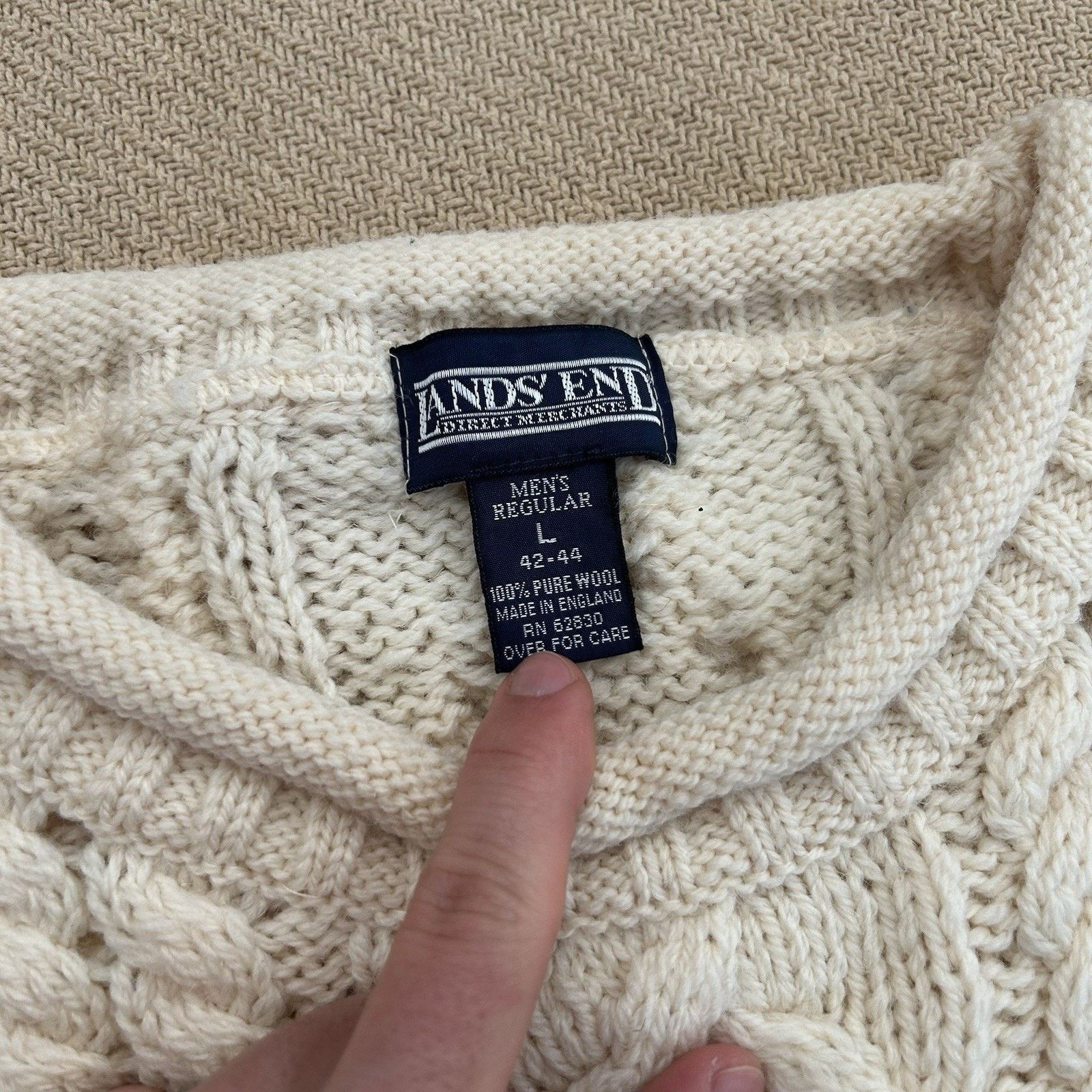 Lands' End × Vintage 90s Lands End England Pure Wool Cableknit Fisherman Sweater Size US L / EU 52-54 / 3 - 3 Thumbnail
