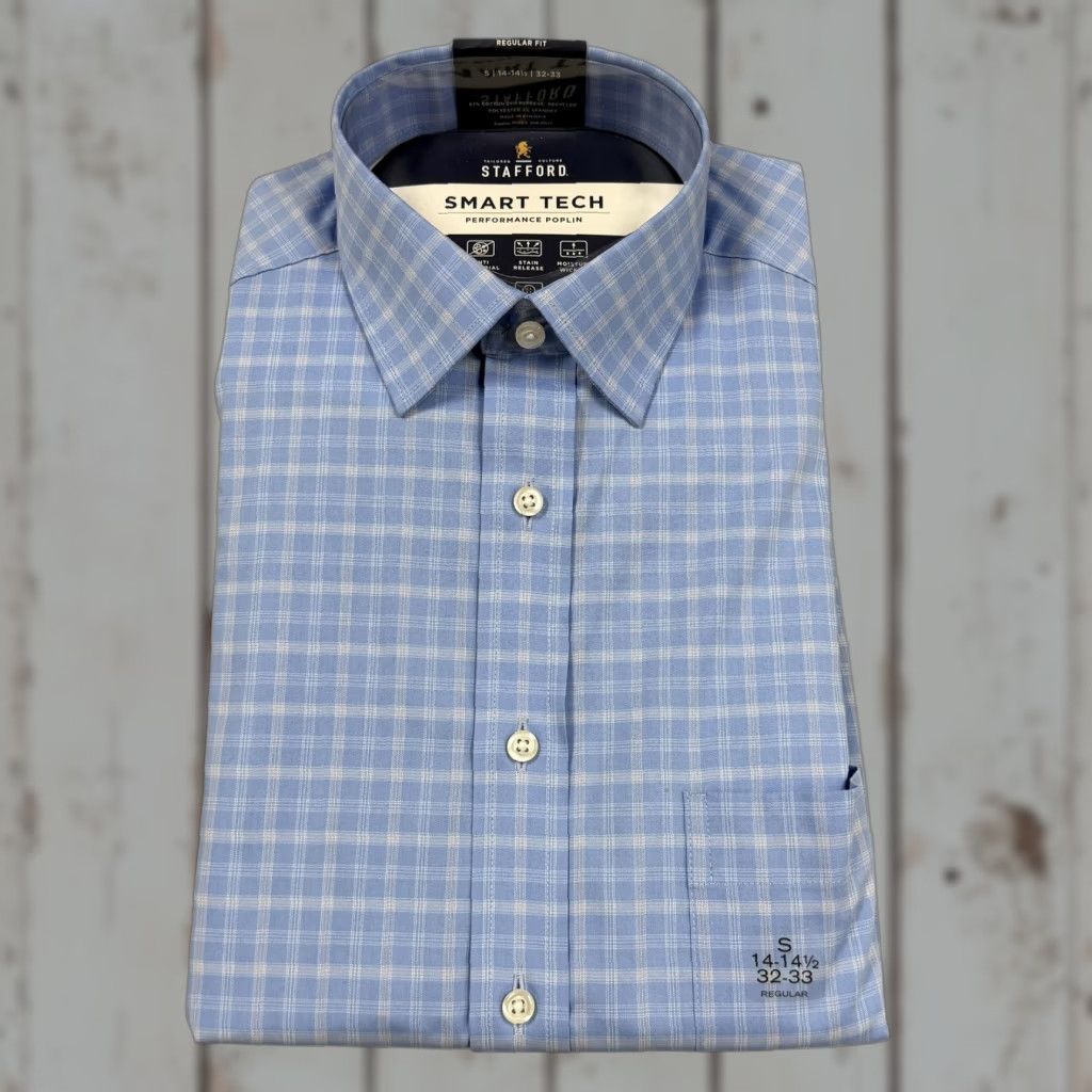 Stafford Stafford Shirt Mens Small Blue Plaid Performance Cotton Polyester Spandex Regular Fit Size US S / EU 44-46 / 1 - 1 Thumbnail