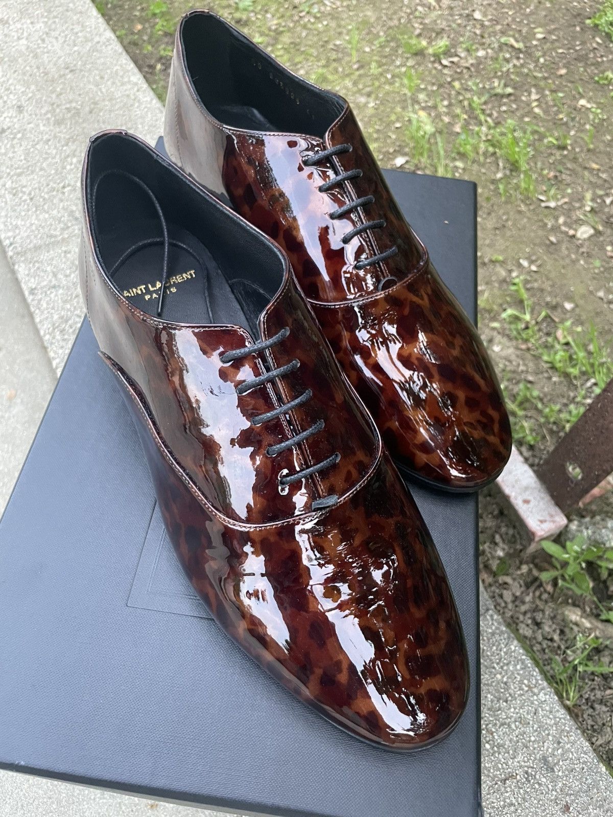 Saint Laurent Paris SLP Runway Patent Leather Lace Up Oxford Shoes Tortoise Size US 8 / EU 41 - 9 Thumbnail