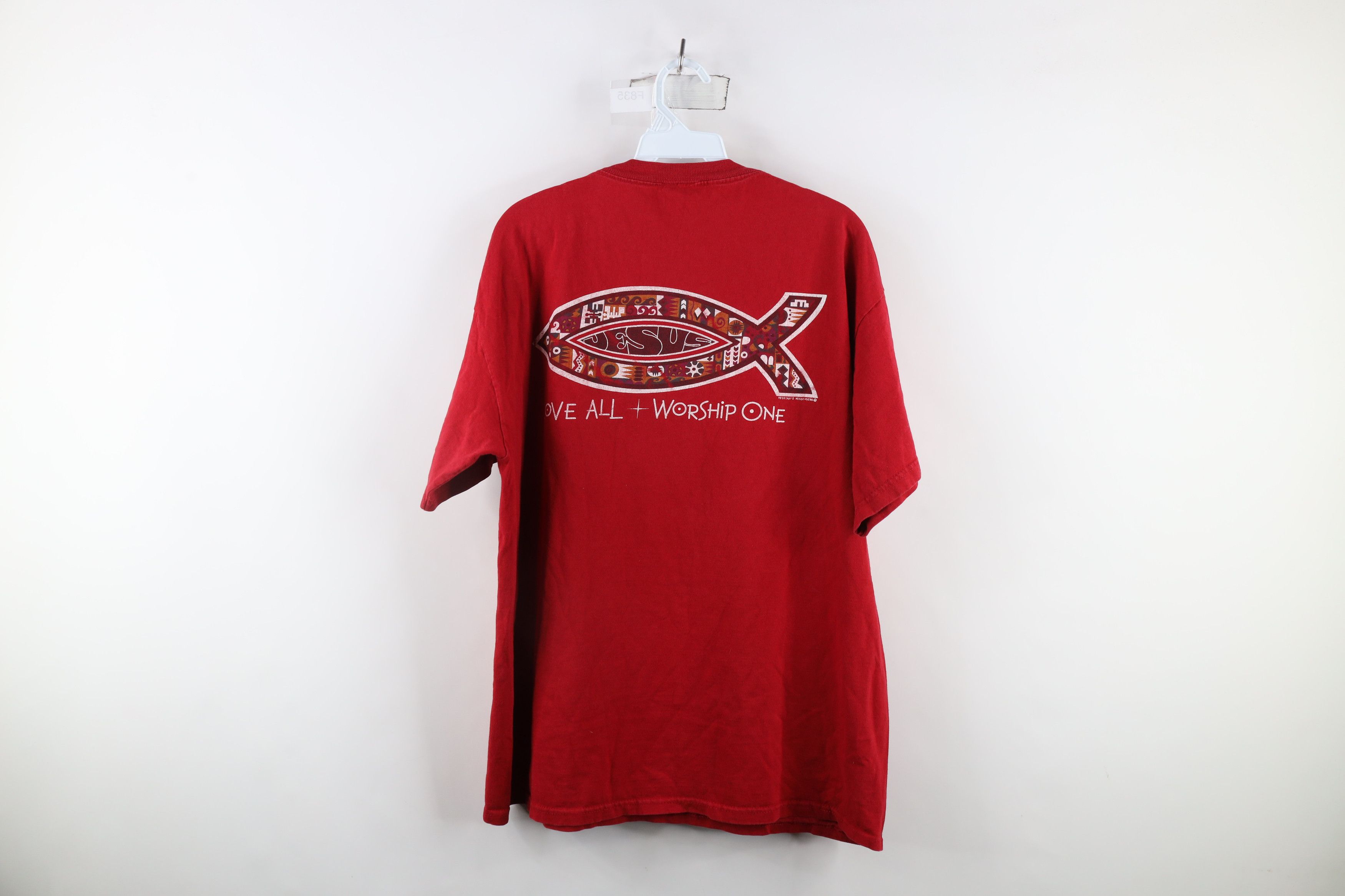 Vintage Vintage 90s Love All Worship One Jesus Fish T-Shirt Red Size US XL / EU 56 / 4 - 8 Thumbnail