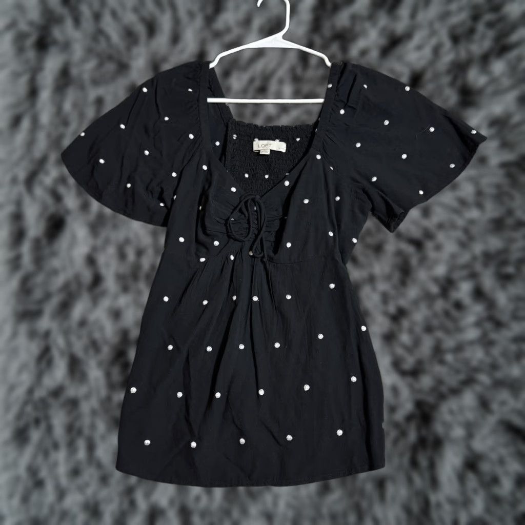 Loft Loft Peasant Top Womens Small Petite Cottagecore Boho Embroidered Dots Smocked Blouse V-Neck Puff Sleeve Black Rayon Size S / US 4 / IT 40 - 1 Thumbnail