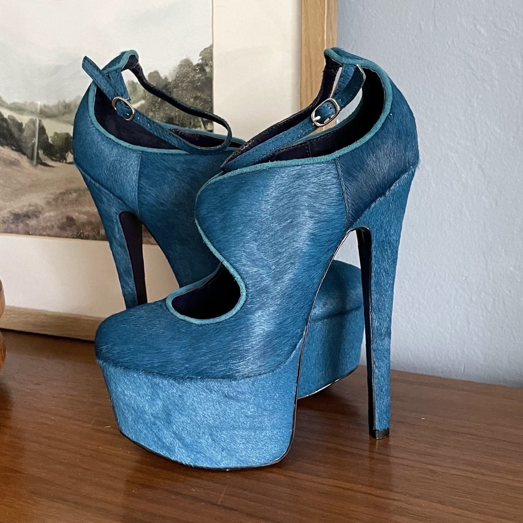Altea VINTAGE London Trash Candy Cutout Stiletto Heels Teal Ankle Strap Fur Upper Leather Sz 6 Womens Shoes Size US 6 / IT 36 - 3 Thumbnail