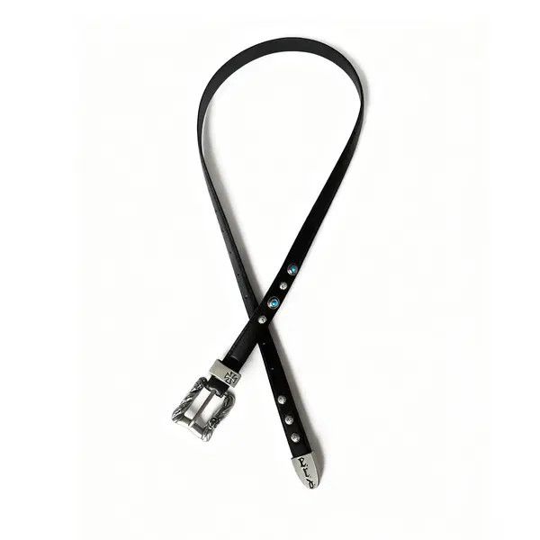 Leather Black Leather Belt with Silver Buckle and Turquoise Accents Size ONE SIZE - 5 Thumbnail