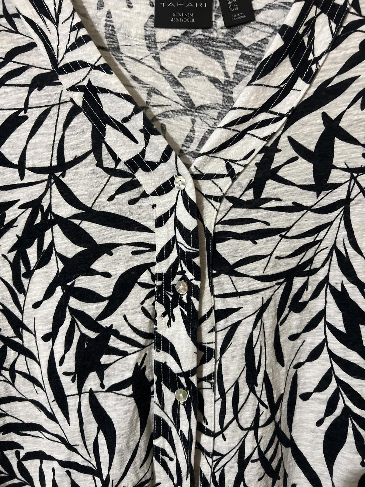 Elie Tahari Tahari Linen Blend Black and White Leaf Print V-Neck Top XL Size XL / US 12-14 / IT 48-50 - 4 Thumbnail