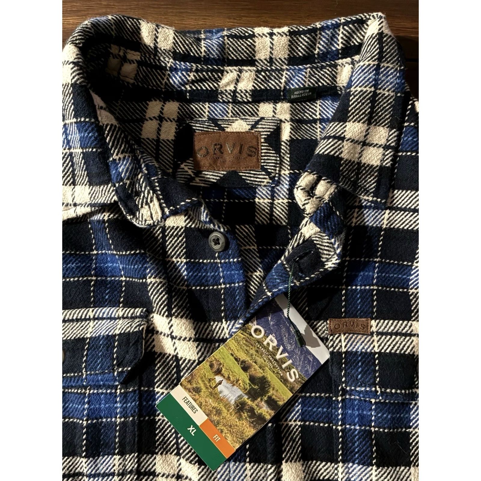 Orvis Orvis Heavyweight Flannel Shirt Mens XL Navy Check Pockets Button-Down Leather? Size US XL / EU 56 / 4 - 3 Thumbnail
