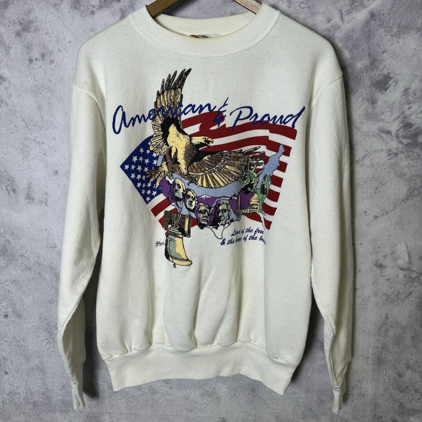 Vintage Vintage 90s American & Proud Sweatshirt Mens Large White Cre Size US L / EU 52-54 / 3 - 2 Thumbnail