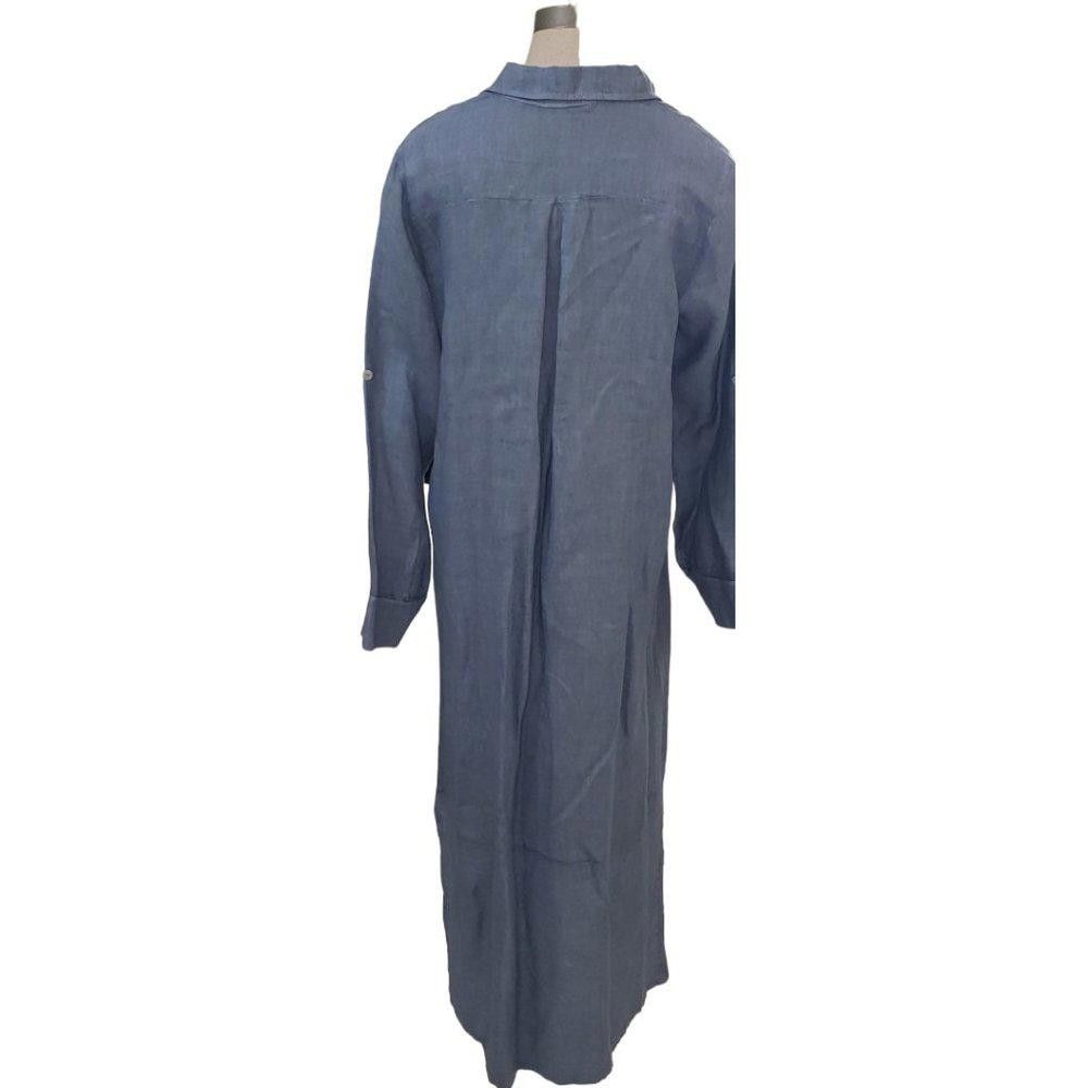 Designer CT517 Linen 100% Italian Blue Maxi Button Down Dress S/M Size S / US 4 / IT 40 - 3 Thumbnail