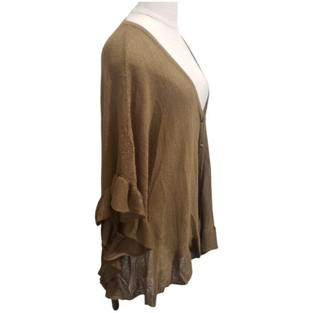Designer CT1914 Garnet Hill Olive Ruffled Sleeve & Bottom Sweater M Size M / US 6-8 / IT 42-44 - 2 Thumbnail