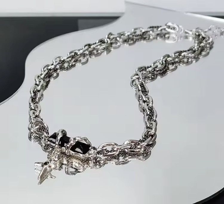 Jewelry Silver chain necklace steel with Obsidian stone gem cross Size ONE SIZE - 3 Thumbnail