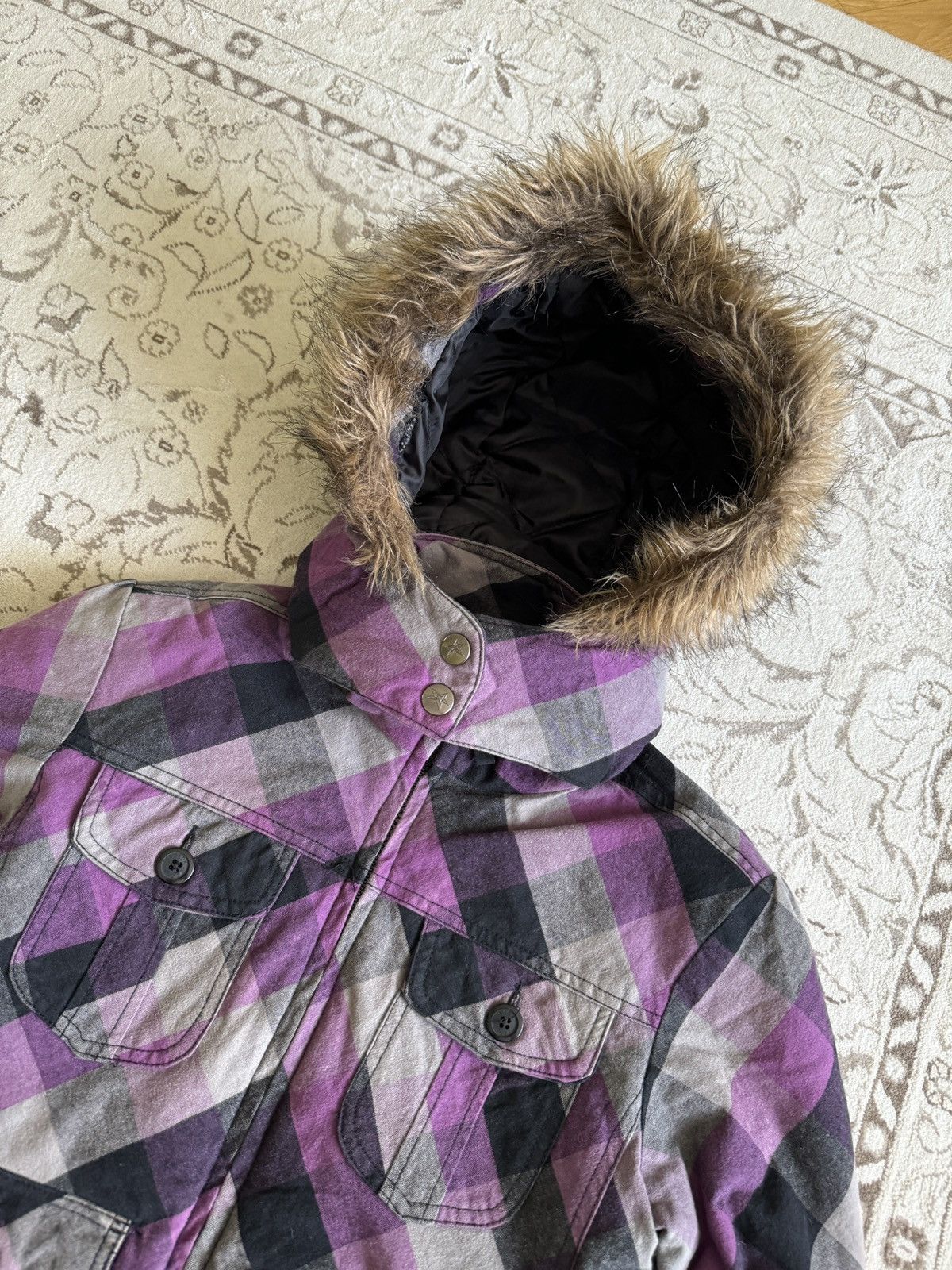 Hysteric Glamour Vintage Fur Hood Plaid Canvas Crop Jacket Punk Goth Emo Y2K Size S / US 4 / IT 40 - 6 Thumbnail