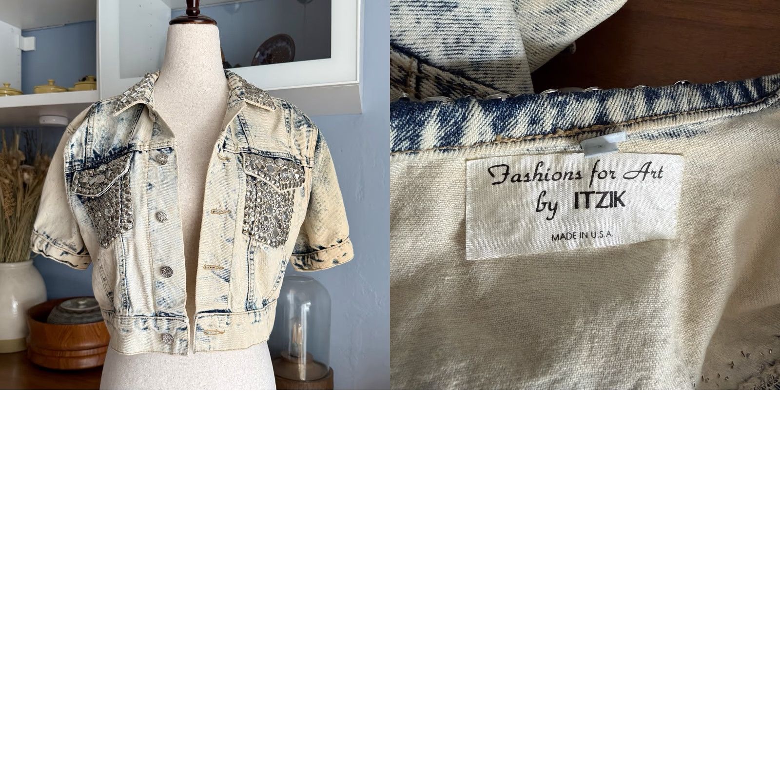 Denime VINTAGE ITZIK Denim Jacket Cropped Studded Rhinestone Button Front Cotton 80s 90s Women's Size S Cream/Blue - Basic Jacket Size 28" / US 6 / IT 42 - 8 Thumbnail