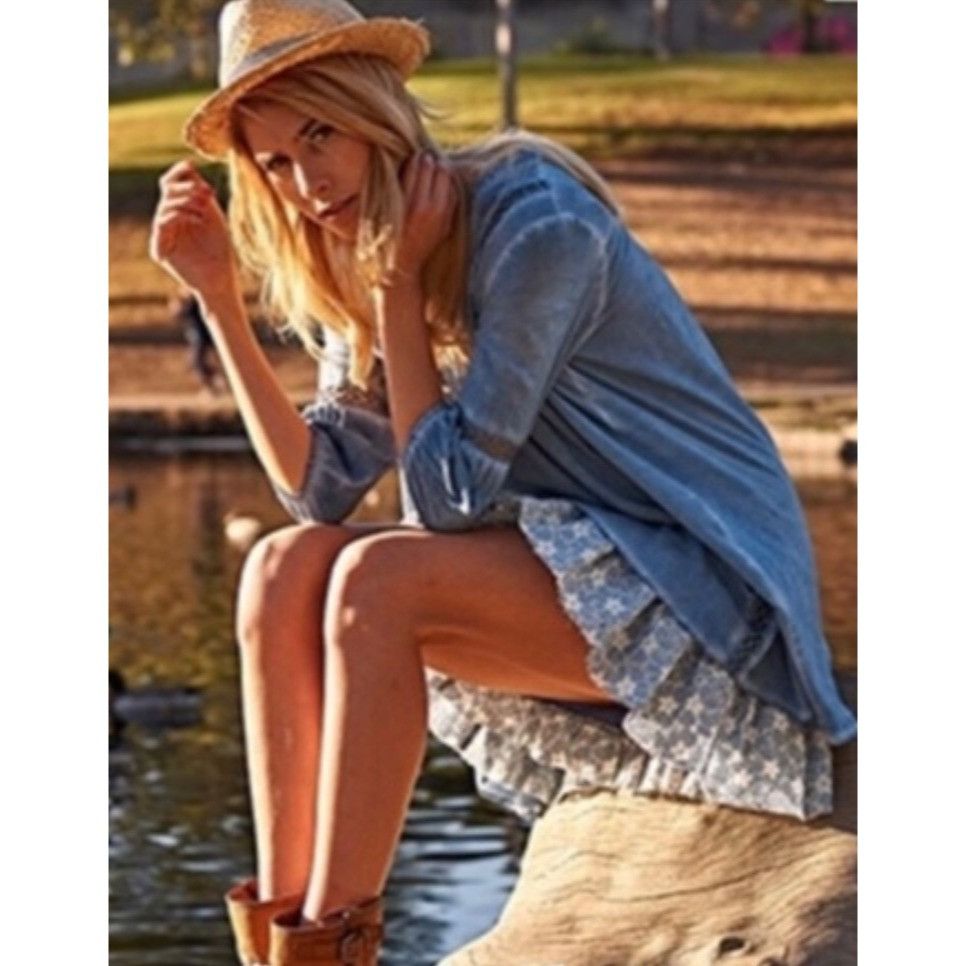 Other Dusty Blue Crochet Trim Relaxed Tunic Mini Shirt Dress | Coa Size S / US 4 / IT 40 - 1 Thumbnail