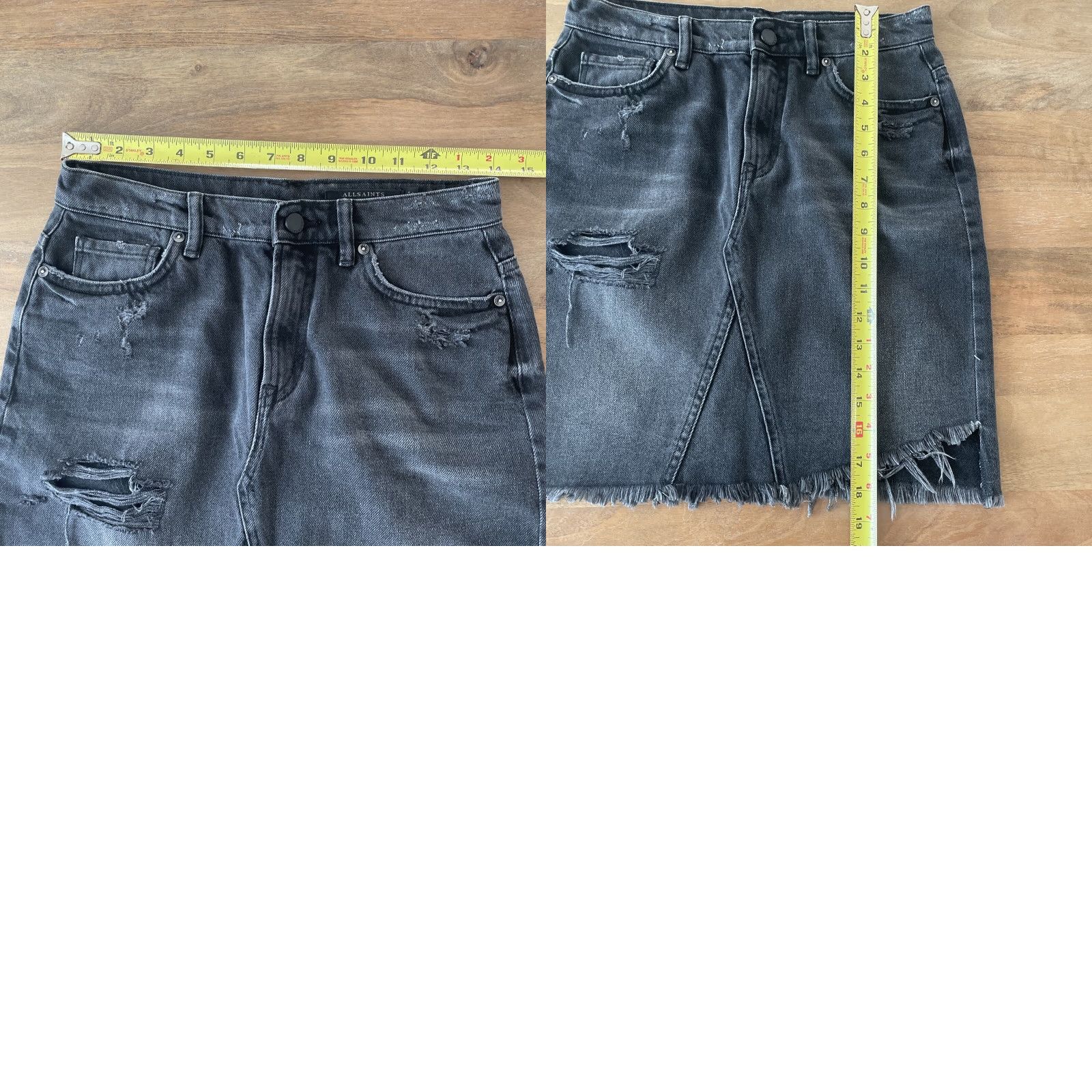Allsaints All Saints Denim Skirt Womens 6 Black High Waist Mini Pencil Jean Distress Size 28" / US 6 / IT 42 - 8 Thumbnail