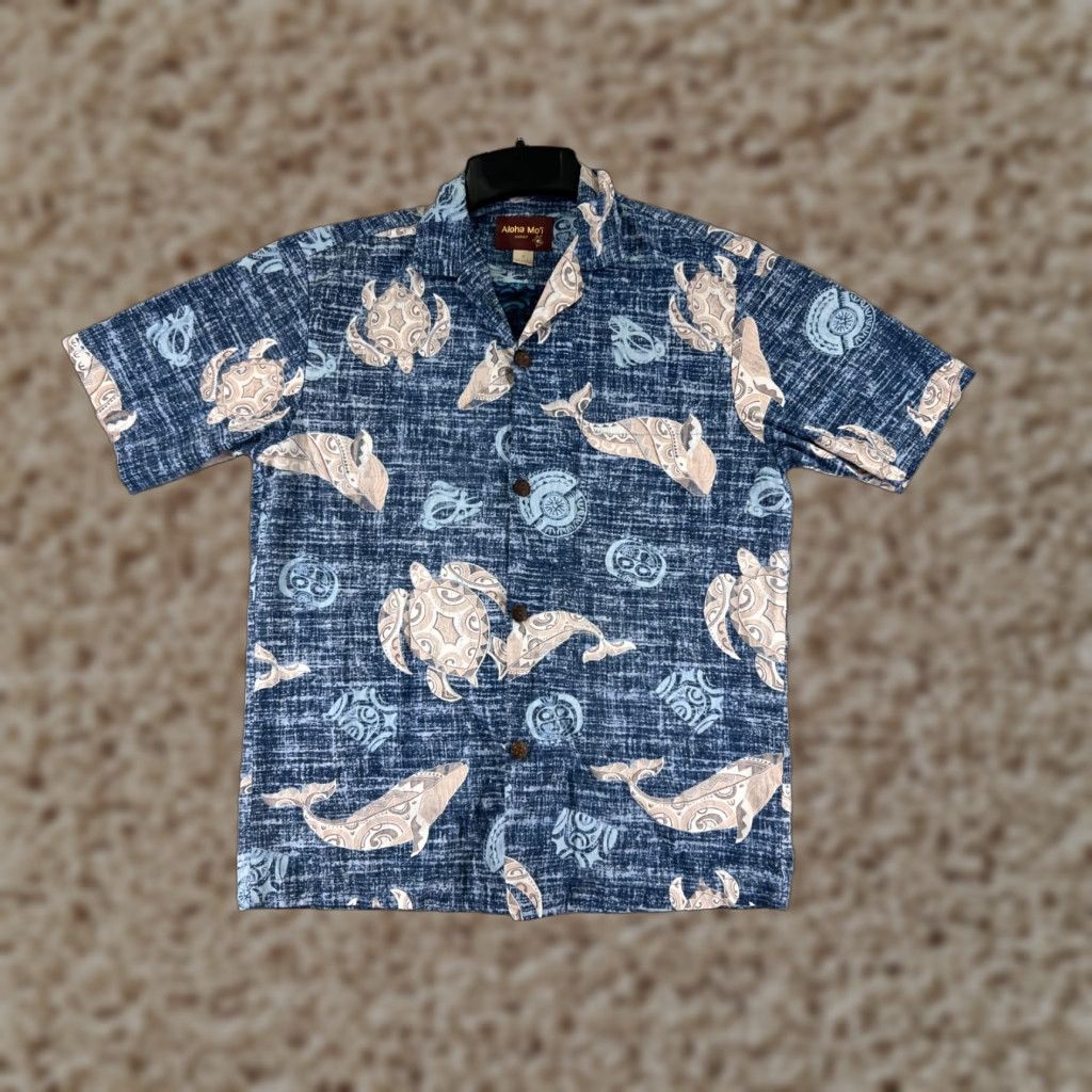 Vintage Aloha Mo'i Shirt Mens Small Blue Beige Sea Turtle Whale Tribal Print 100% Cotton Size US S / EU 44-46 / 1 - 1 Thumbnail