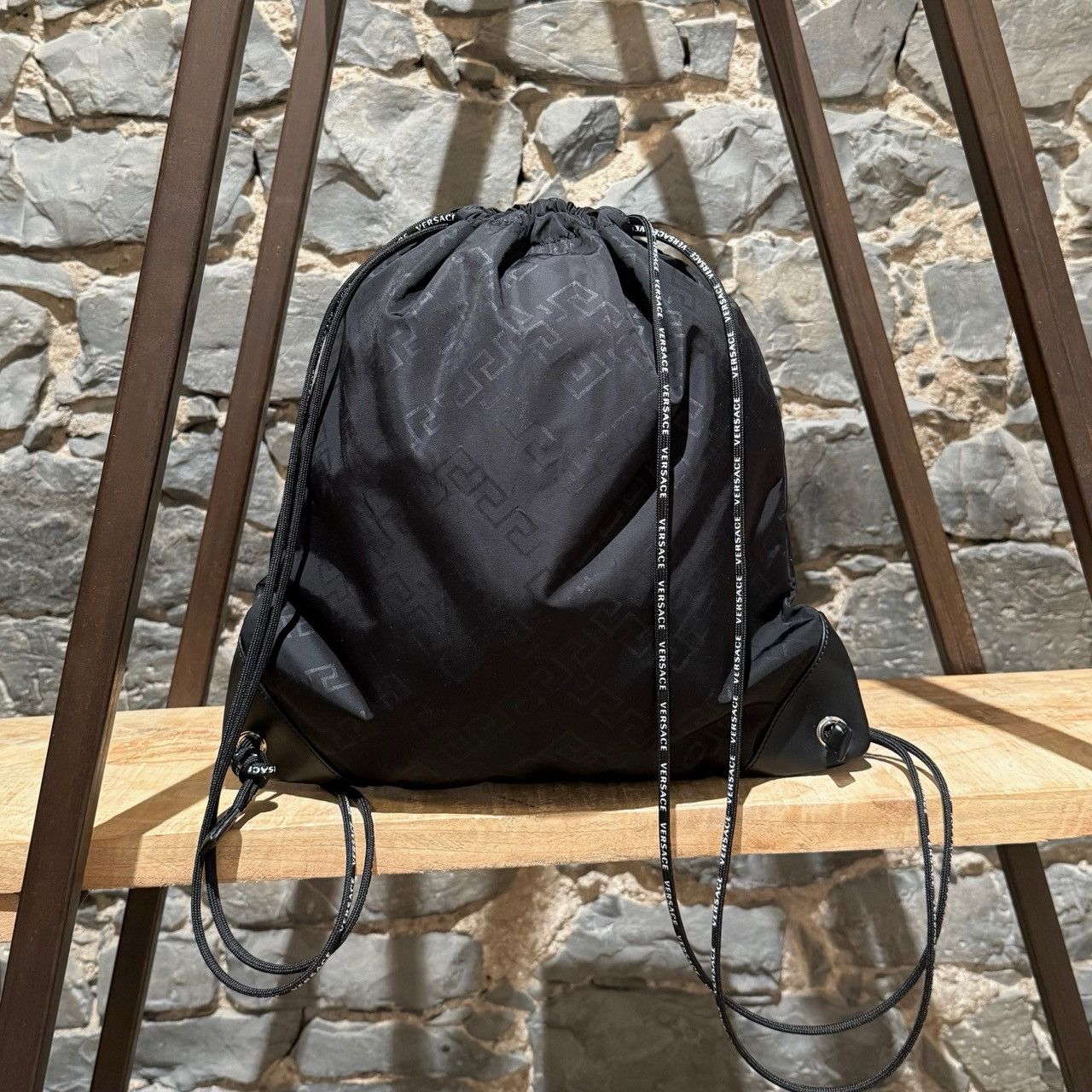 Versace Black Nylon Greca Print Logo Rucksack Drawstring Bag display picture 1