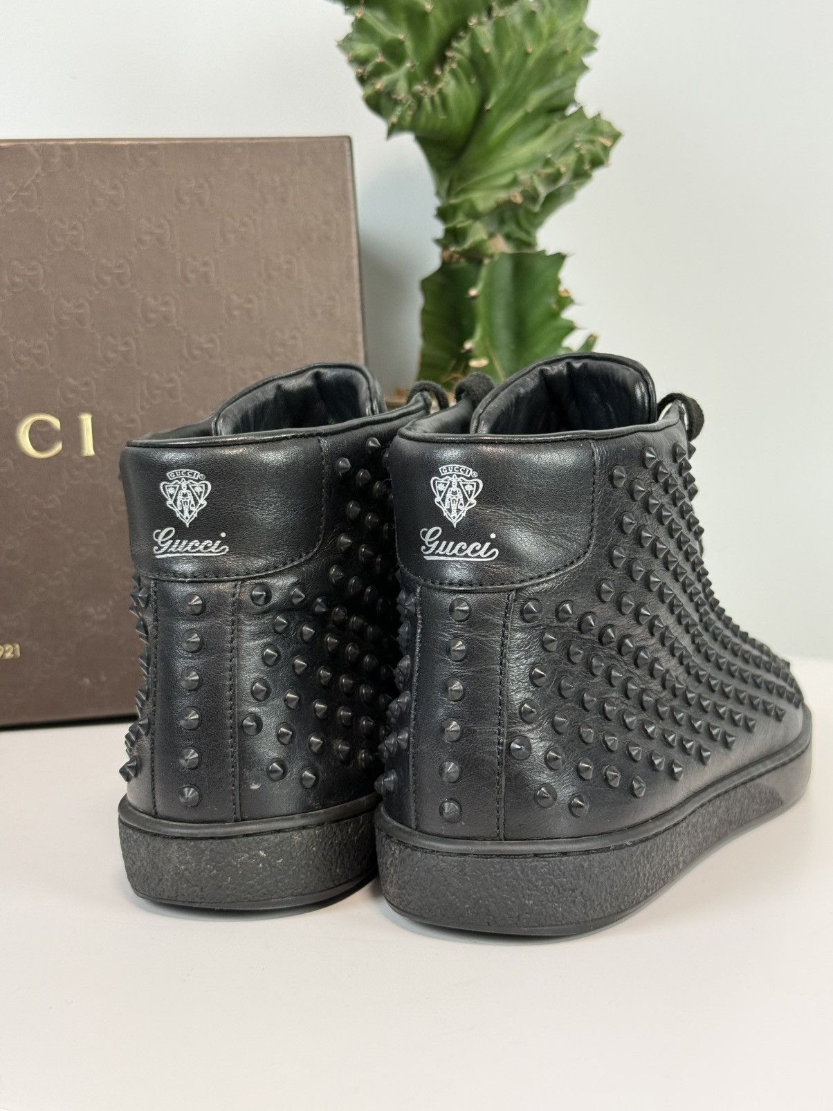 Gucci Gucci Black Leather Studded High-Top Sneakers Size US 7 / IT 37 - 4 Thumbnail