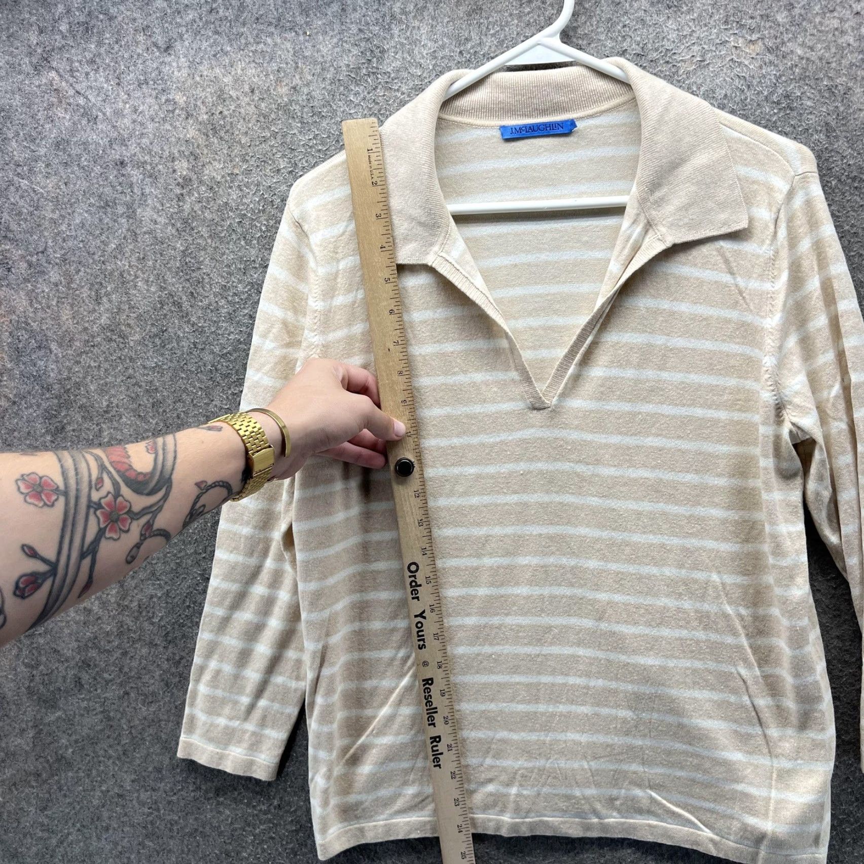 J.McLaughlin J. McLaughlin Polo Shirt Womens Medium Beige Stripe 3/4 Sleeve Collared Top Size M / US 6-8 / IT 42-44 - 6 Thumbnail