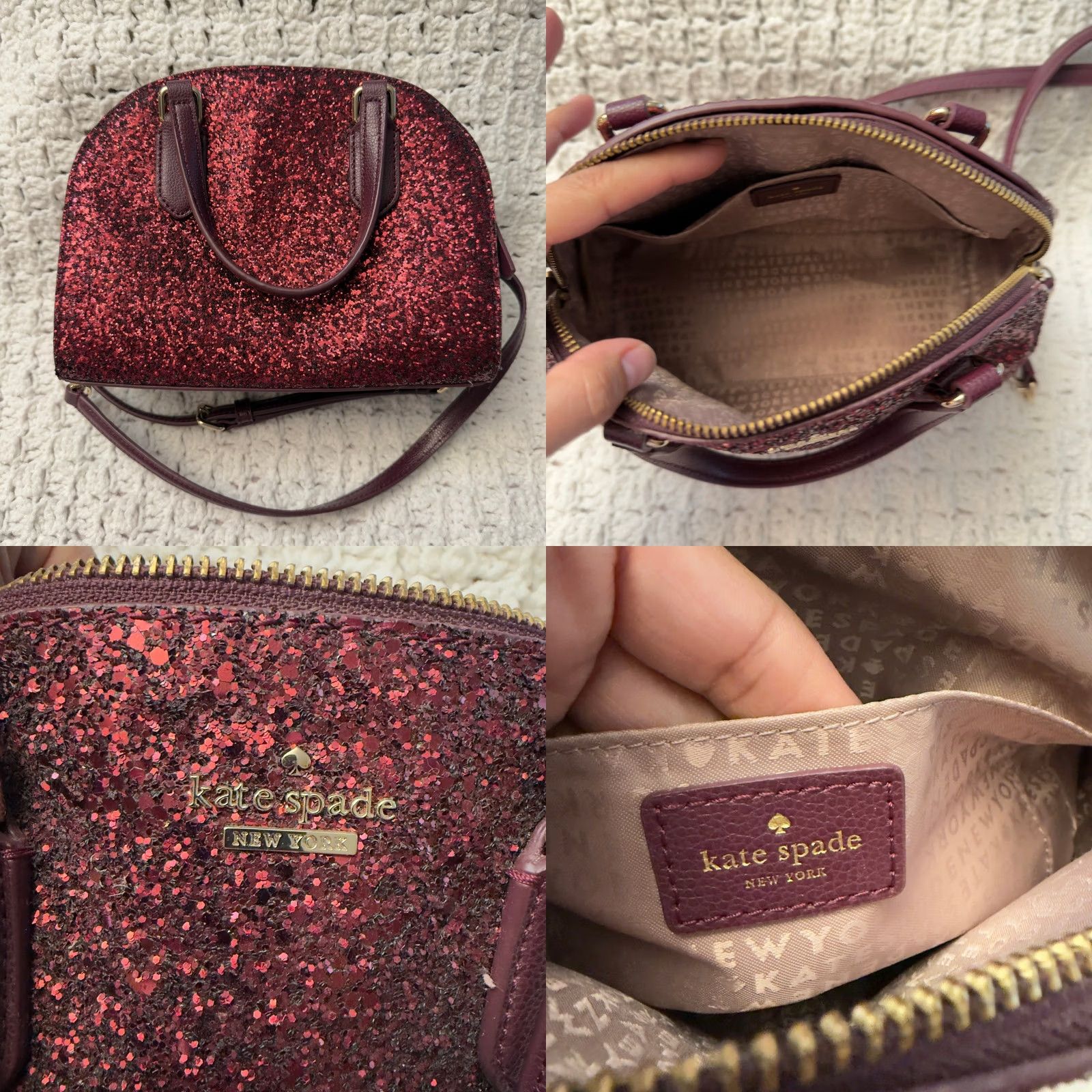 Vintage VINTAGE Kate Spade Satchel Bag Cross-Body Purse Burgundy Glitter Leather Trim Small Women’s Size ONE SIZE - 8 Thumbnail