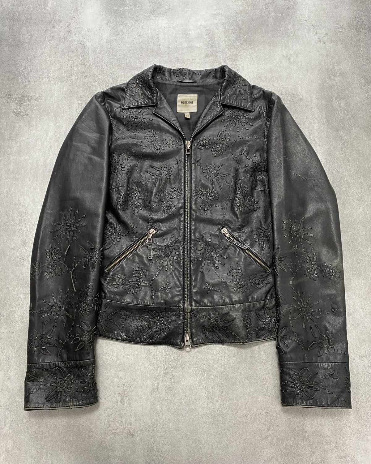 image of Moschino Embossed Flower Ornament Leather Jacket (S) in Black, Men's (Size Small)