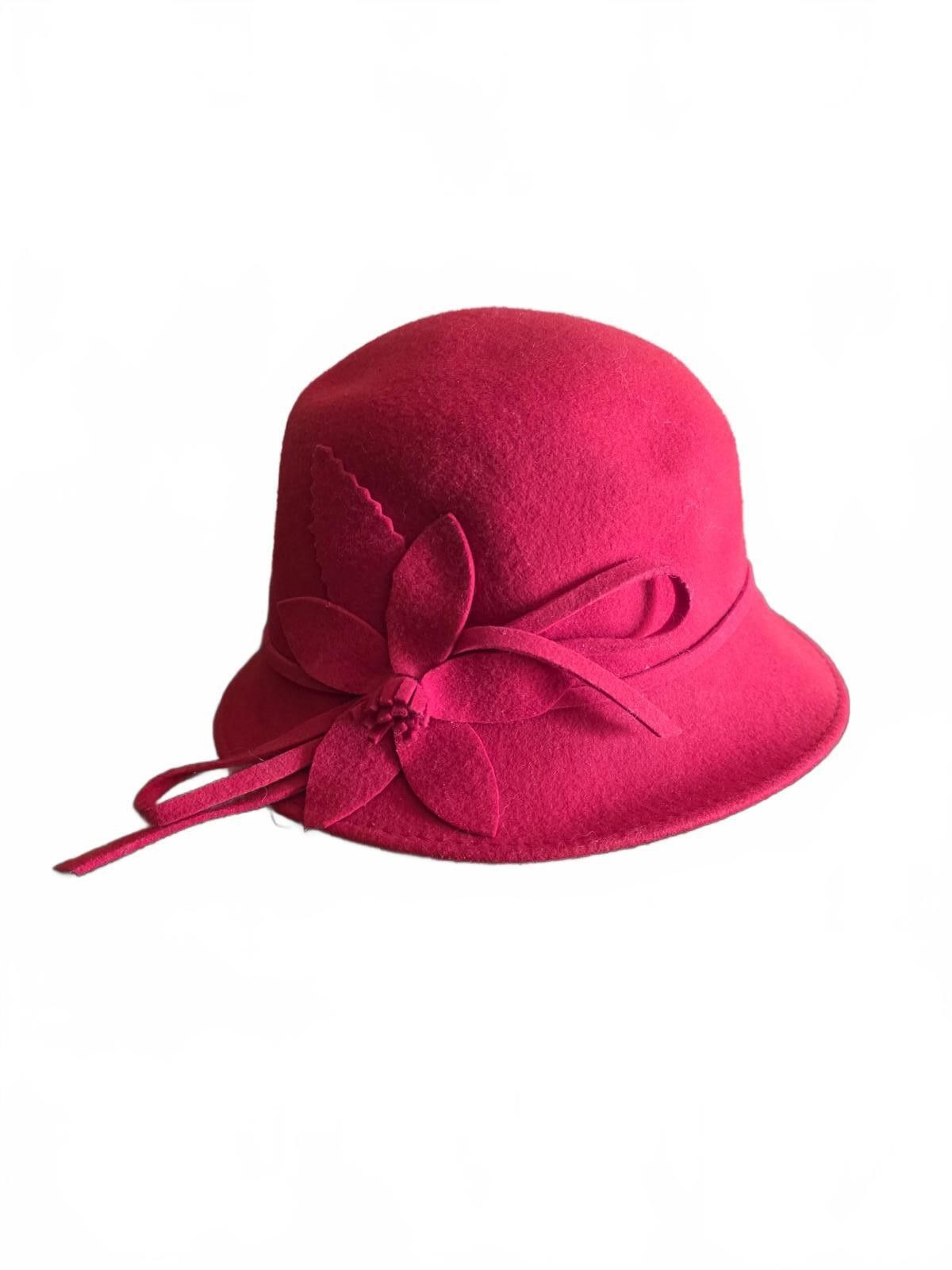 Other Elegant Red Wool Cloche Hat with Floral Accent Size One Size ONE SIZE - 2 Thumbnail