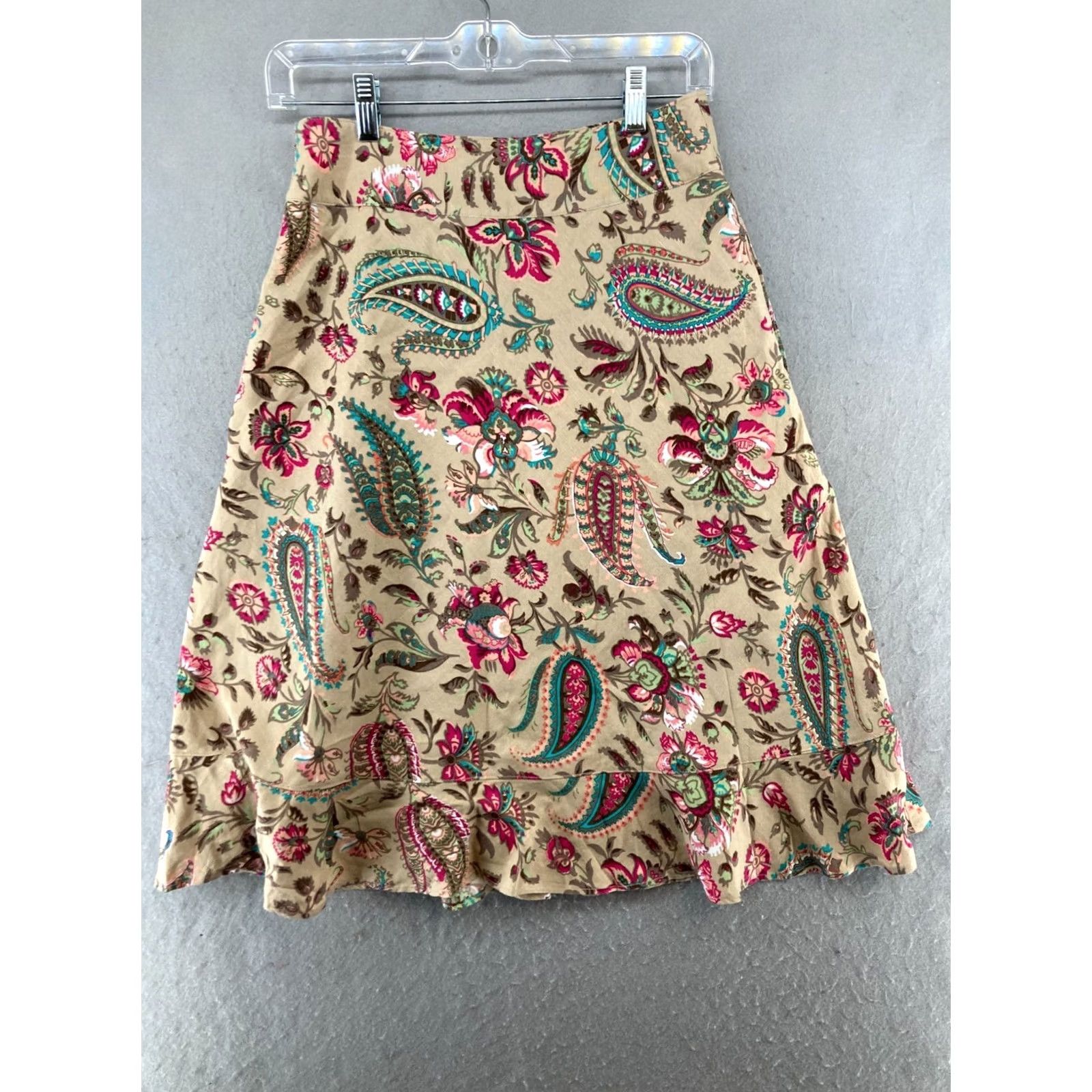 Vintage East 5th Skirt 2P Petite Tan Paisley Ruffle Hem - Knee Length, Linen Blend, Zip, Machine Washable, Lightweight, Lined, 90s Boho Style Womens Size 26" / US 2 / IT 38 - 5 Thumbnail