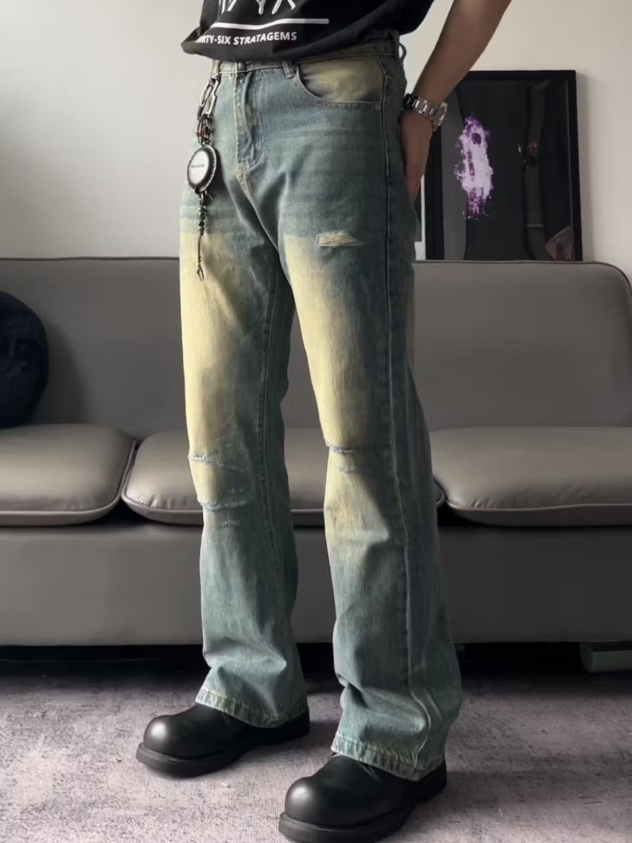 image of Vintage Damaged Distressed Ripped Flared Jeans in Faded Blue, Men's (Size 30)