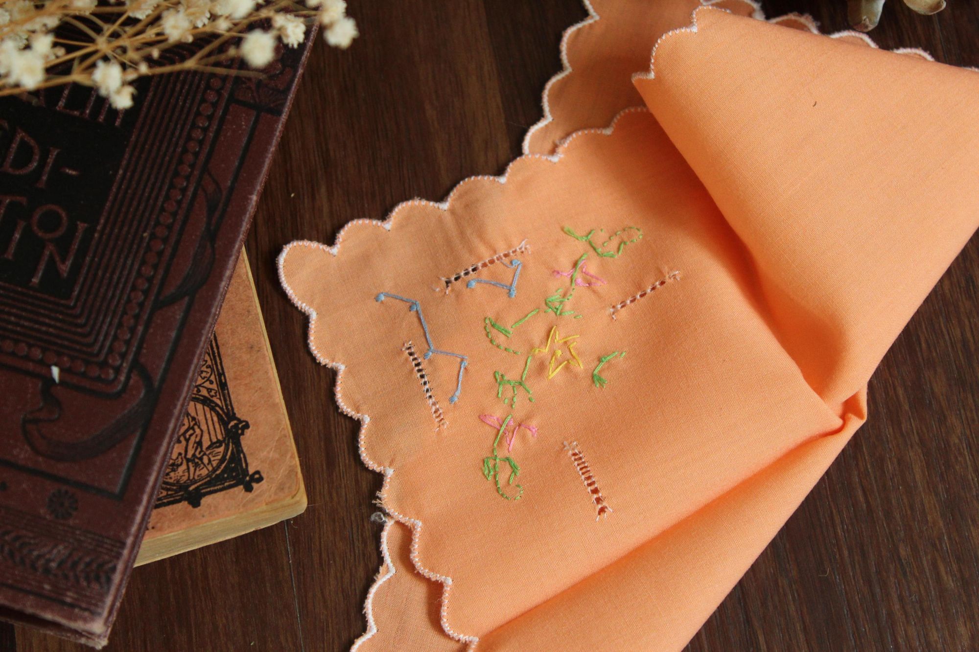 Vintage Vintage Handkerchief, Orange Cotton with Floral Embroidered Size ONE SIZE - 9 Thumbnail