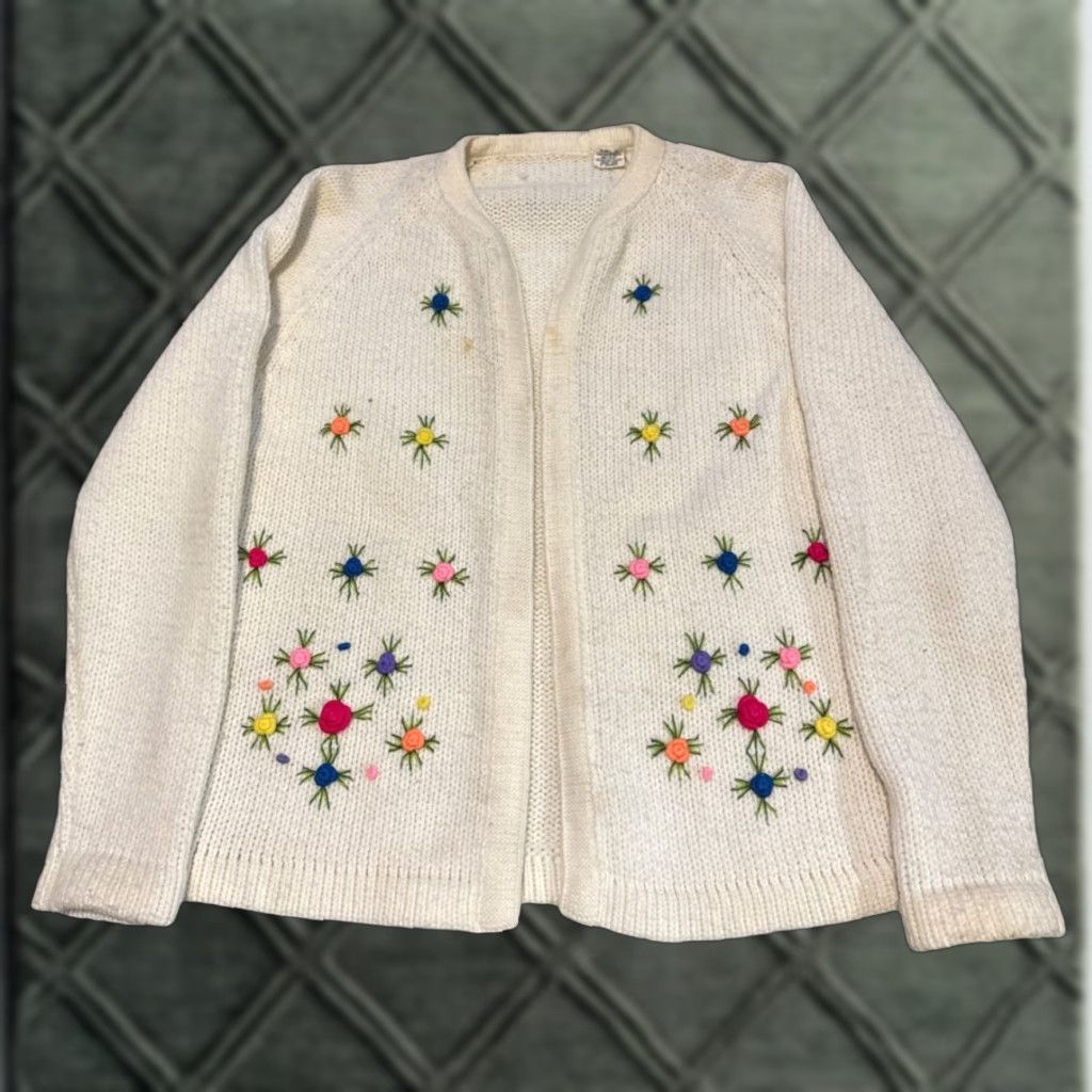 Vintage VINTAGE 1960s Flower Art 3D Cotton Cardigan Knit Sweater Large Knitwear Size L / US 10 / IT 46 - 1 Thumbnail